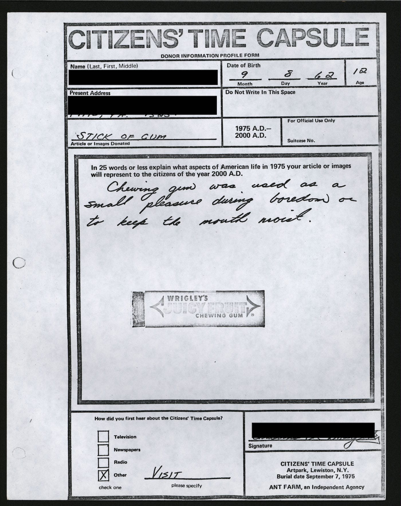 Donor form filled out by participants for Ant Farm's "Citizens Time Capsule" (1975) (courtesy Chip Lord) (click to enlarge) 