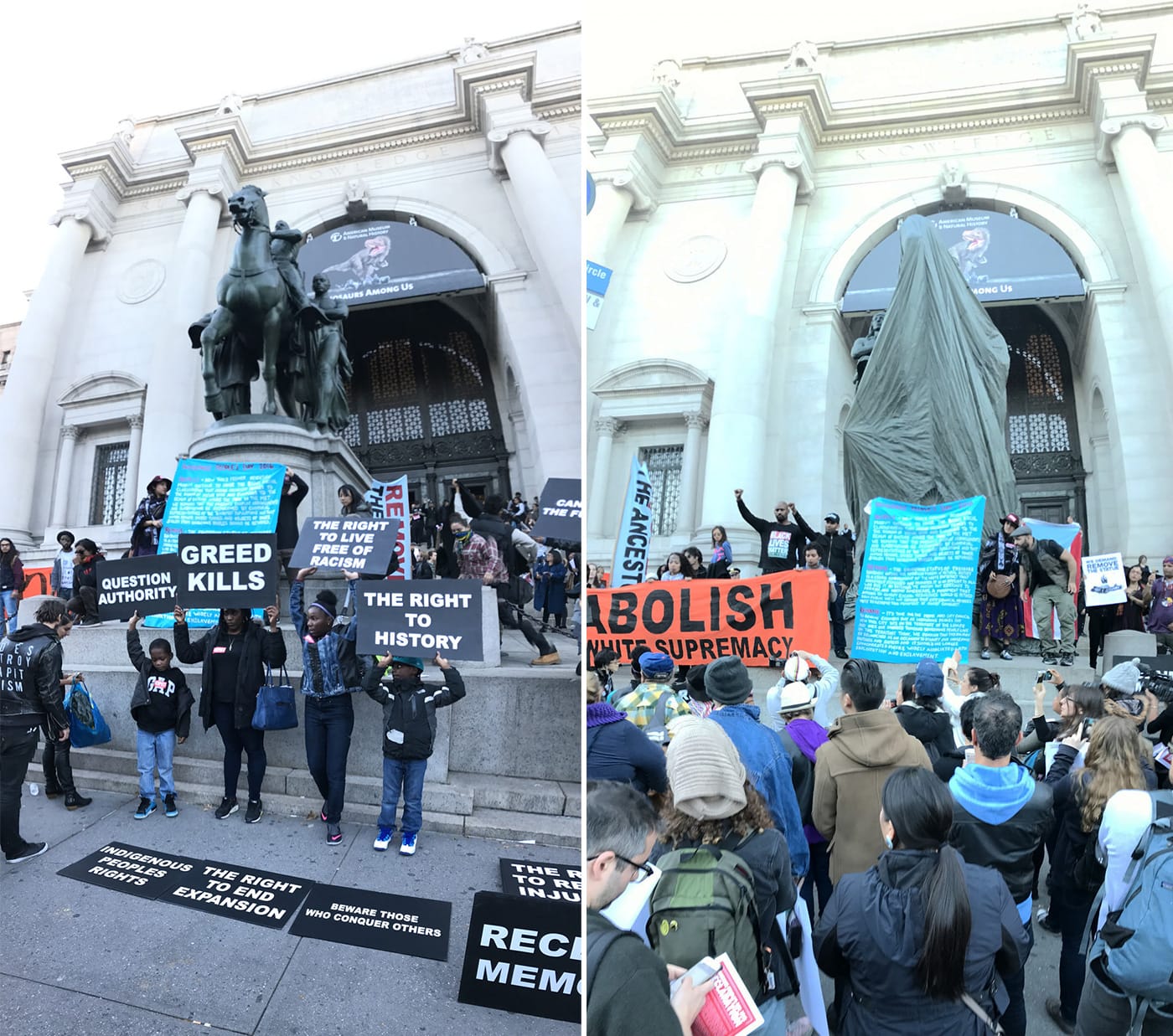 Protesters in front of the American Museum of Natural History covering the Roosevelt statue (all photos by the author for Hyperallergic)