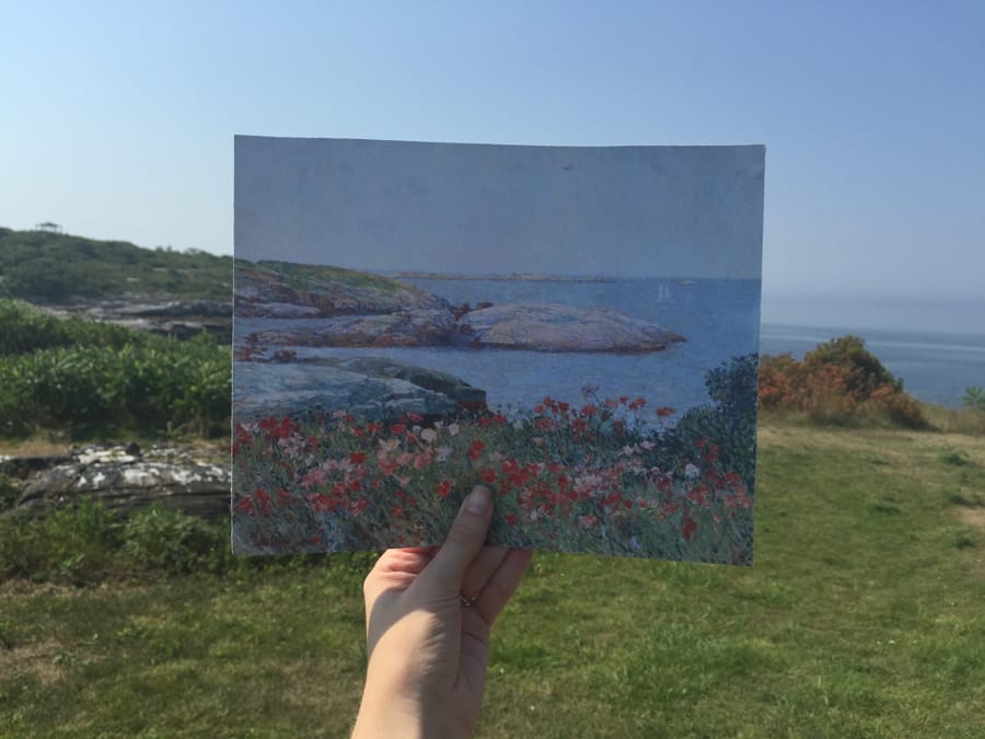 Comparison of Childe Hassam’s “Poppies, Isles of Shoals” (1891) with the view today from Celia Thaxter’s garden (recreated by Shoals Marine Laboratory), looking towards Babb’s Rock (photo courtesy the North Carolina Museum of Art)