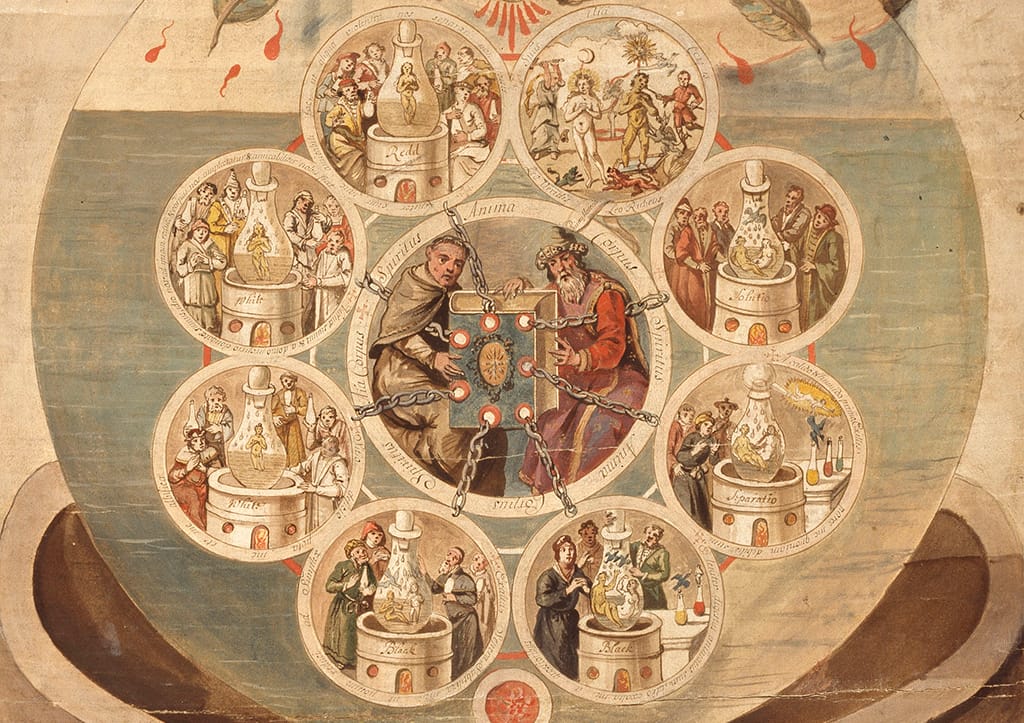 Alchemists Revealing Secrets from the Book of Seven Seals, The Ripley Scroll (detail), (ca. 1700) (via getty.edu)