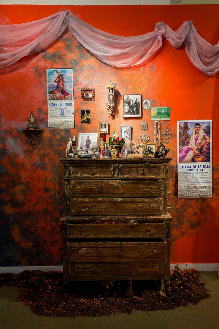 Amalia Mesa-Bains “Emblems of the Decade: Borders” (2015) Mixed media installation Detail. 20’ x 5’ x 8.’ Galería de la Raza. Courtesy of the artist.