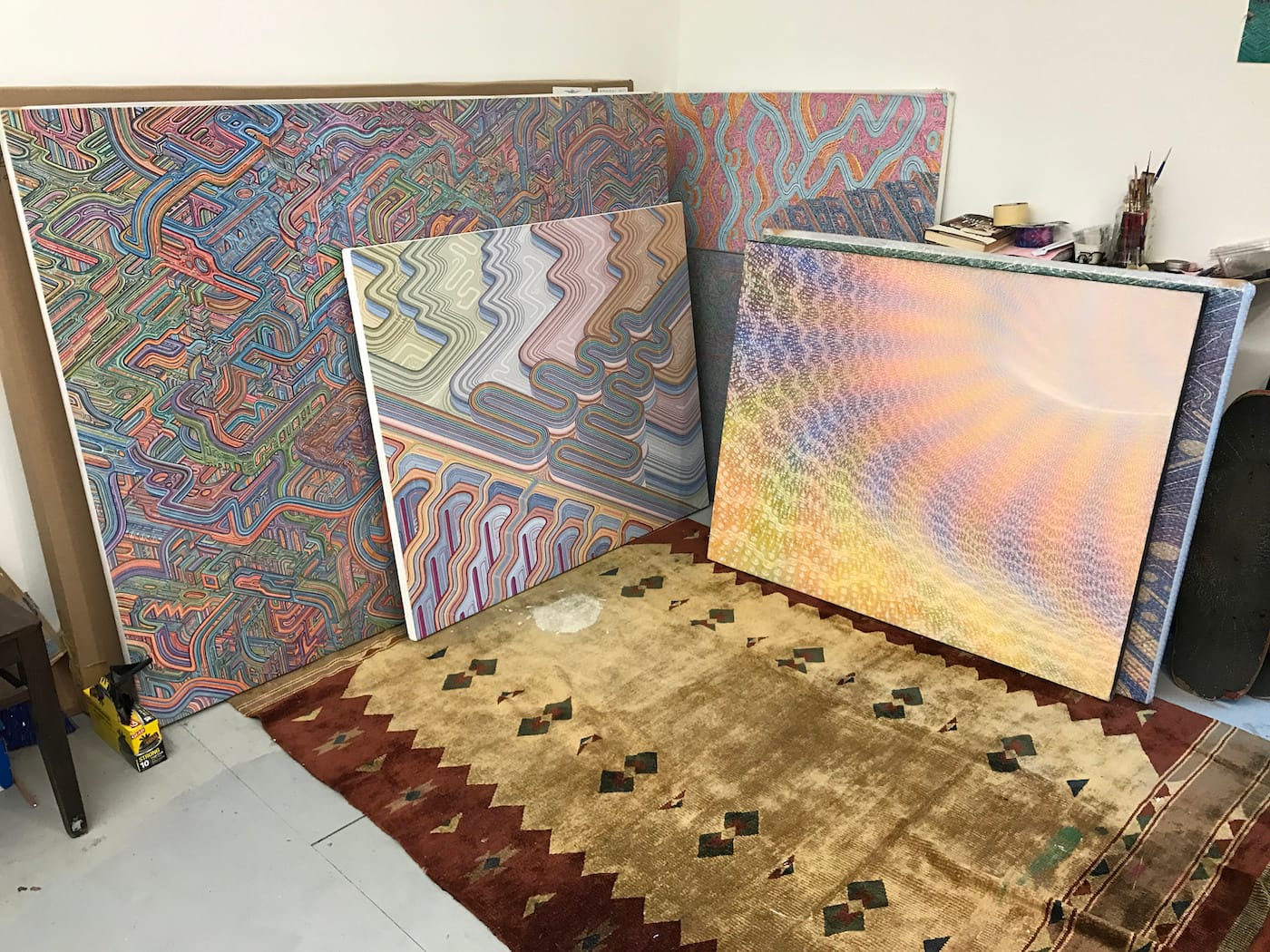 Paintings in Colin Prahl's studio (photo by Hrag Vartanian for Hyperallergic)