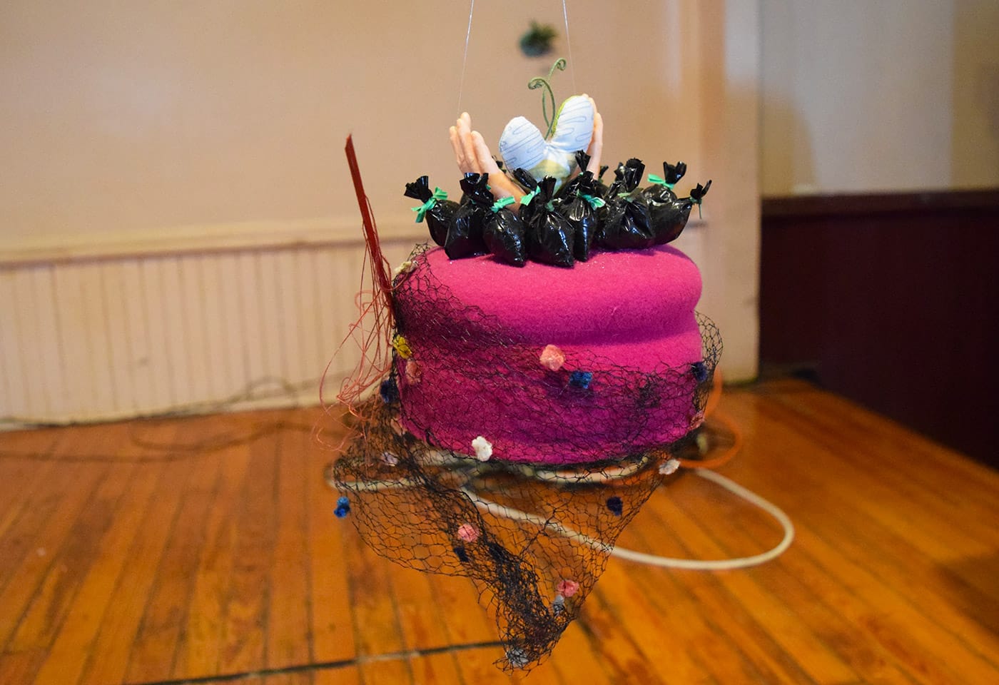 Miki Katagari, "Heart Insect Cure Nuclear Waste" at South Bushwick Reform Church during Bushwick Open Studios 2016 (photo by Benjamin Sutton for Hyperallergic)