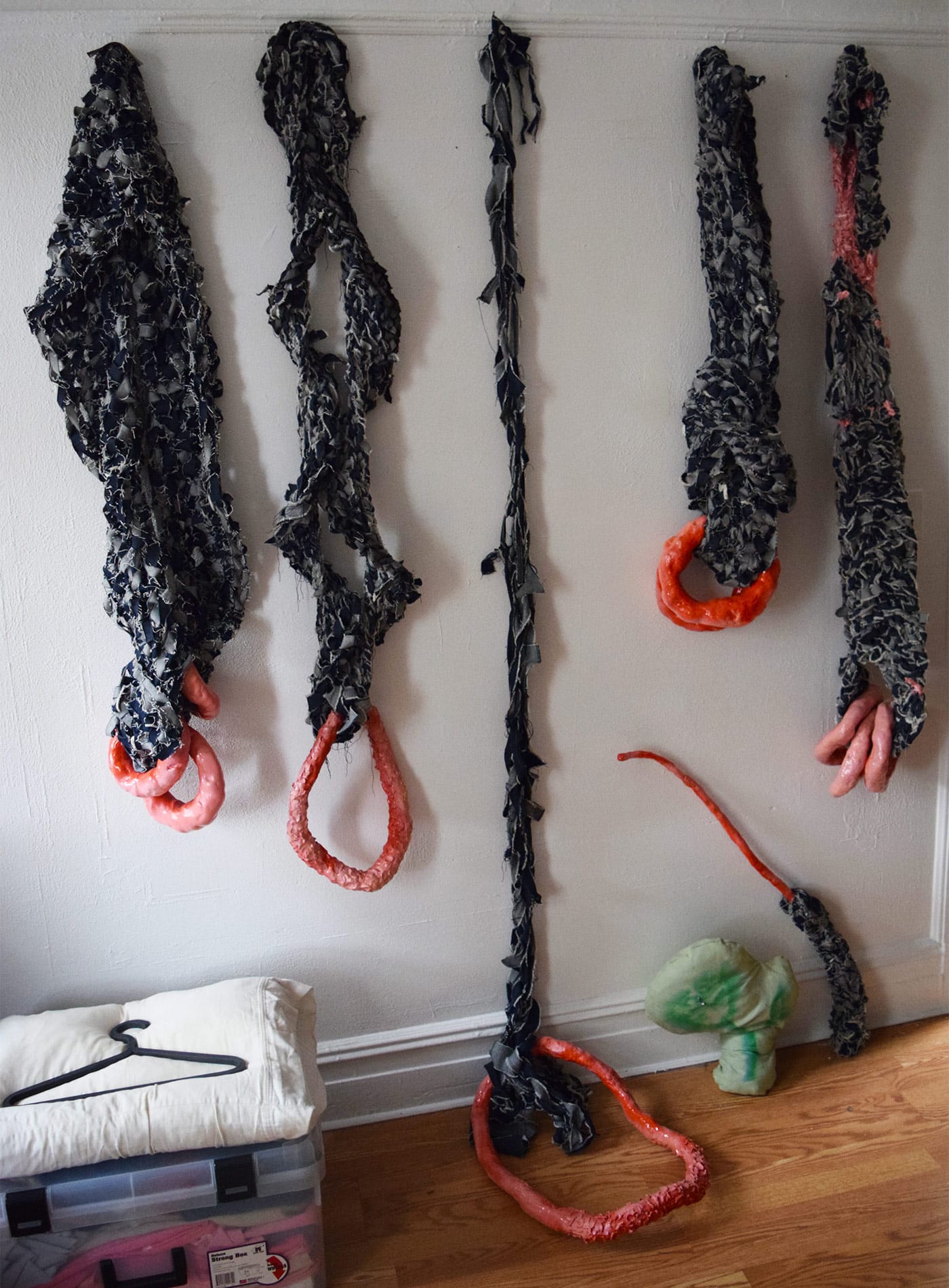 Works in Sessa Englund's studio at 1548 Greene Avenue during Bushwick Open Studios 2016 (photo by Benjamin Sutton for Hyperallergic)