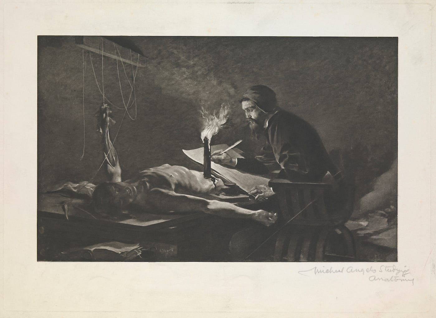 Photogravure of Michelangelo drawing a cadaver by candlelight, after Antonin Mercié (via Wellcome Images/Flickr)