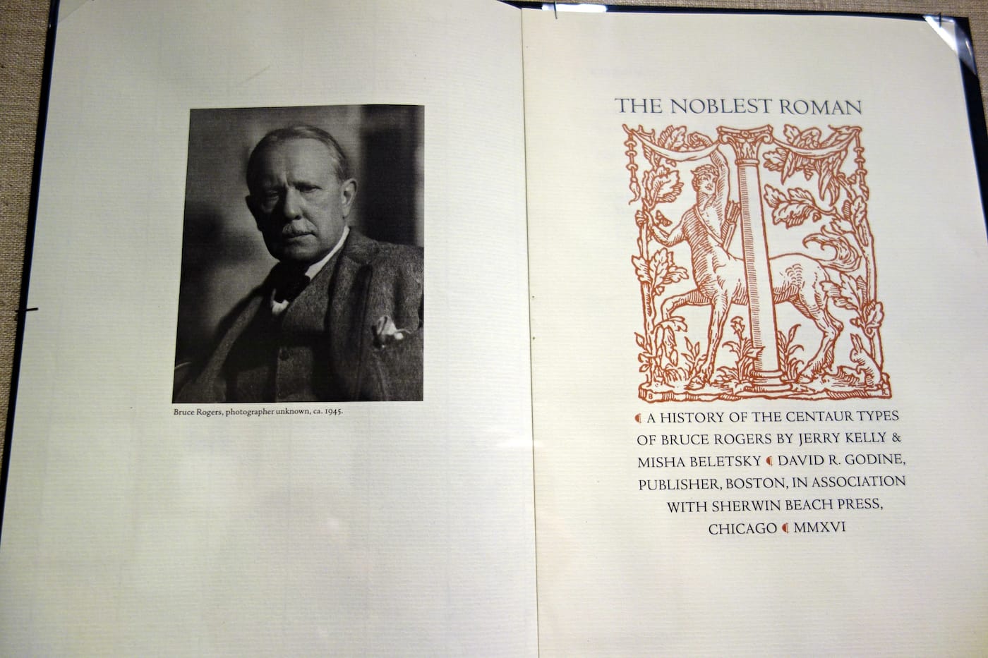Installation view of 'The Centaur Turns One Hundred: A Century of Bruce Rogers' Centaur Type, From the Collection of Jerry Kelly' at the Grolier Club (photo by the author for Hyperallergic)