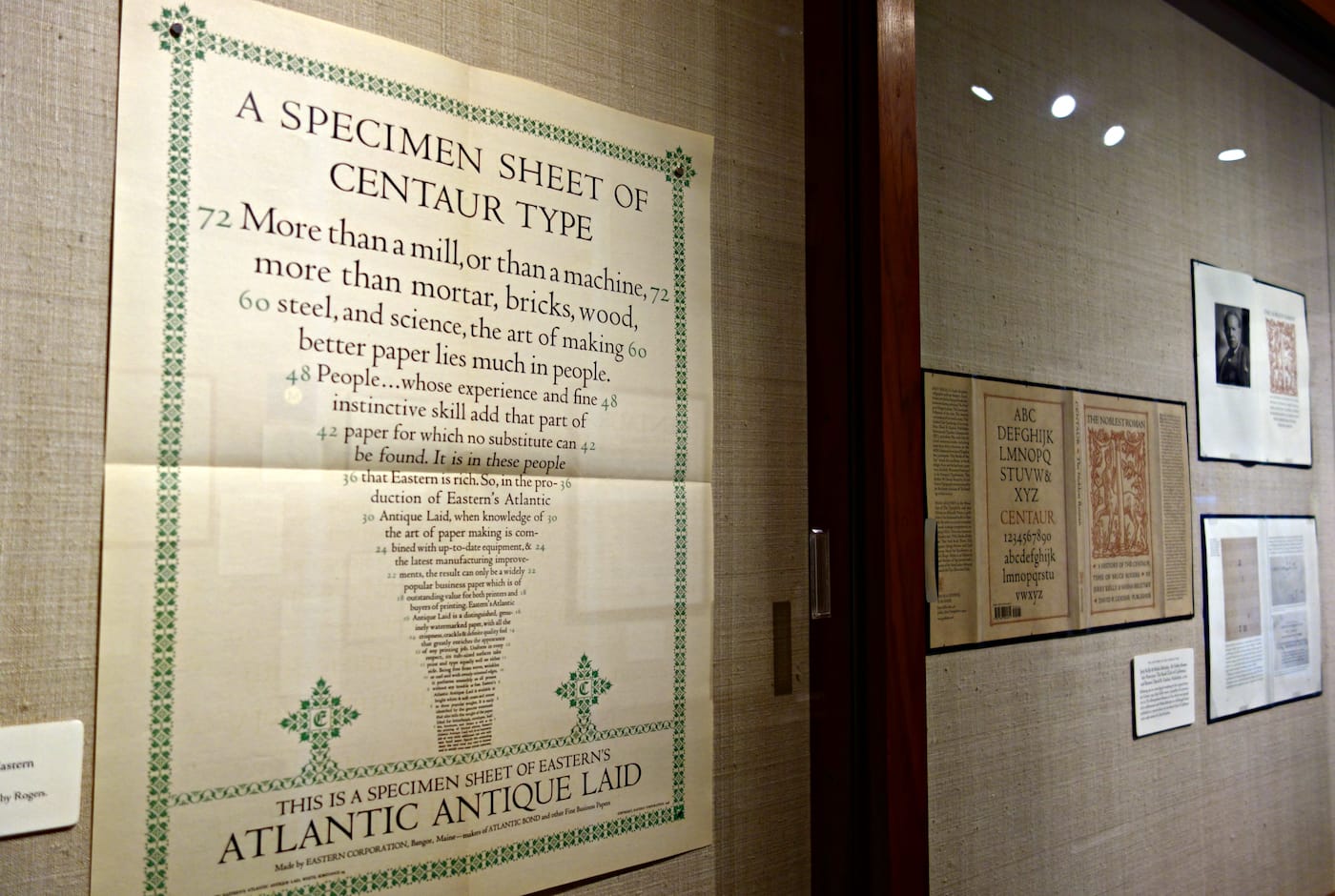 Installation view of 'The Centaur Turns One Hundred: A Century of Bruce Rogers' Centaur Type, From the Collection of Jerry Kelly' at the Grolier Club (photo by the author for Hyperallergic)