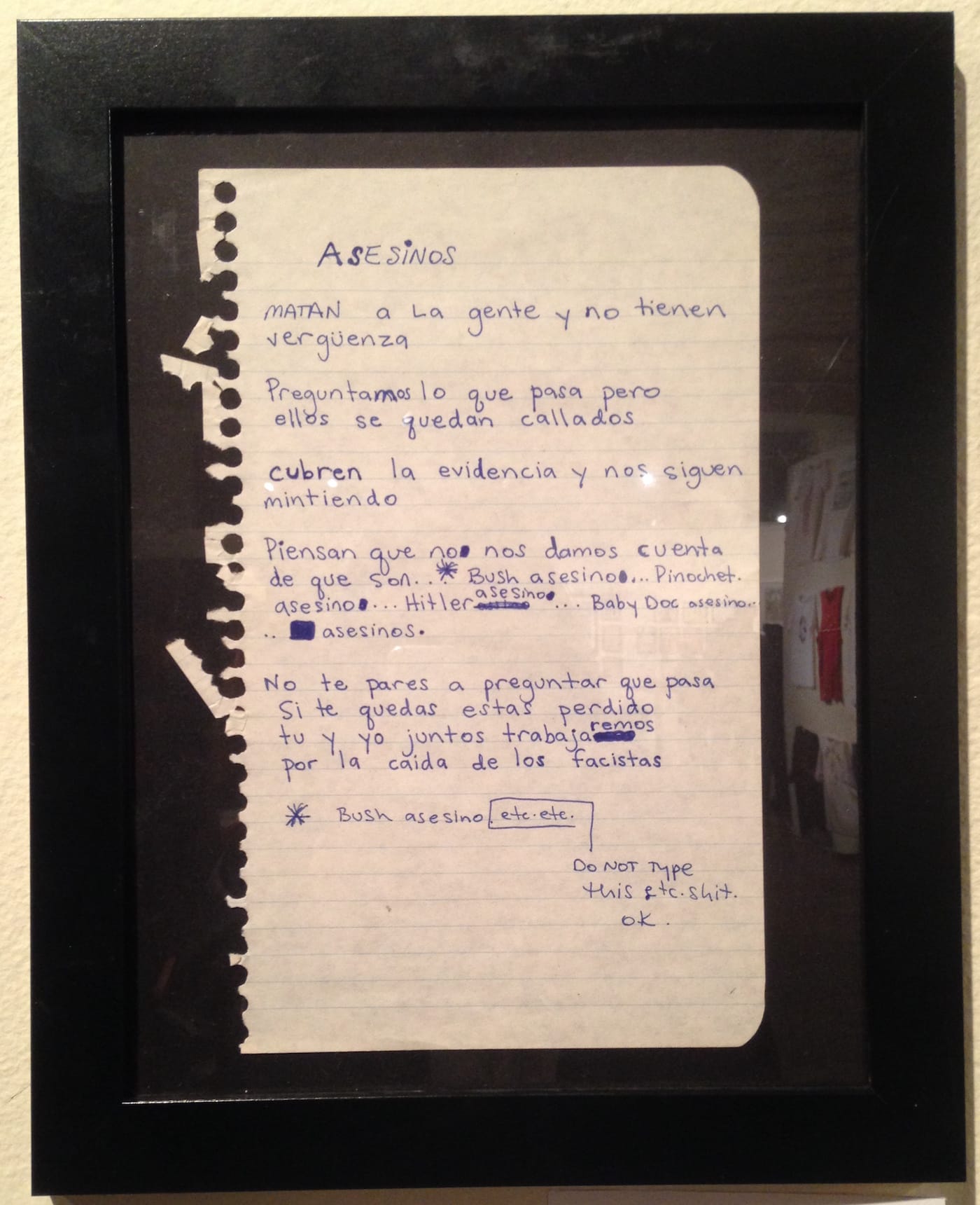 Original handwritten lyrics for the Los Crudos song "Asesinos" (photo by the author for Hyperallergic)