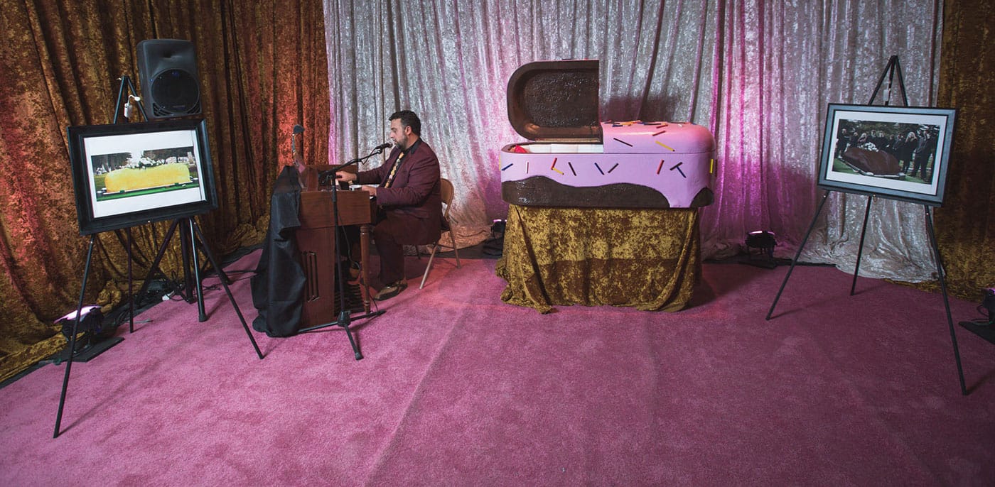 Installation view of the sugar coffins room in Doomocracy