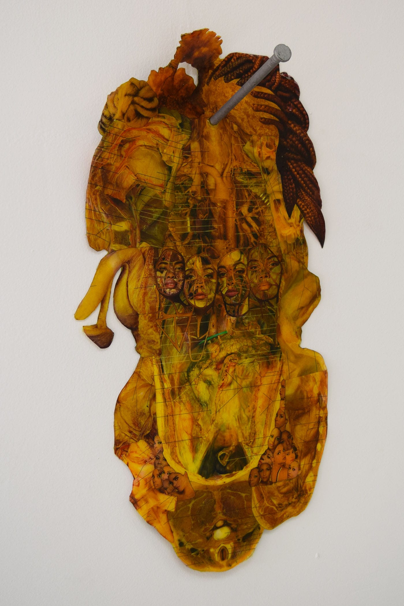 Doreen Garner, "Full Body" (2016), dissected anatomy book, dissected hair magazine, rubber, nail, 26 x 10 in