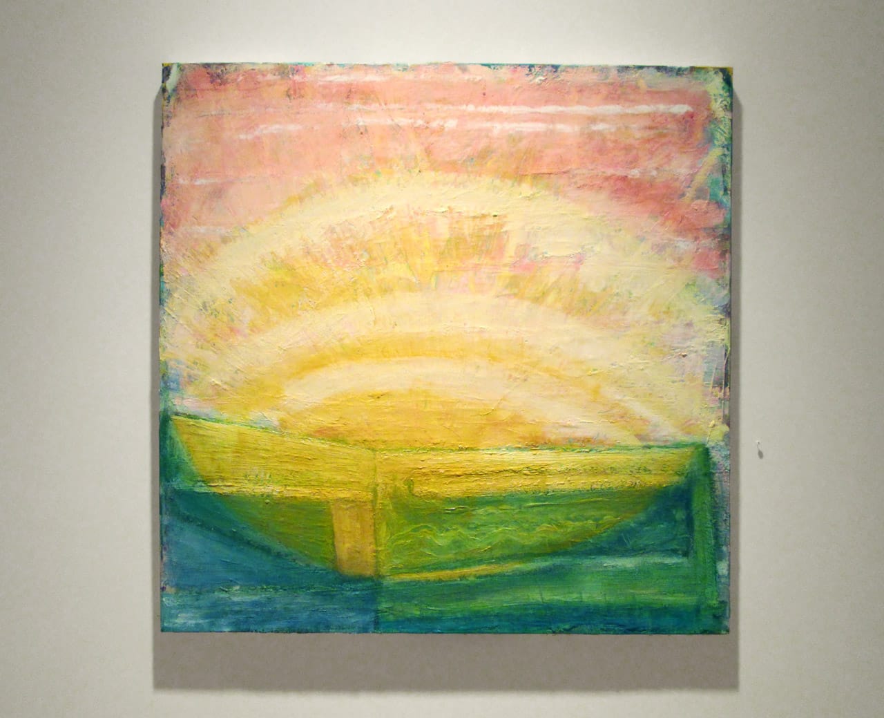 Gregory Amenoff, "Early Bright" (2016), oil on panel, 36 x 36 inches (photo by the author for Hyperallergic)