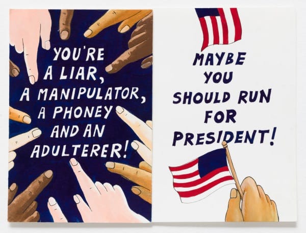 Erika Rothenberg, From “House of Cards” (1992), Gouache and ink on paper, 9x12 inches (via cjamesgallery.com)