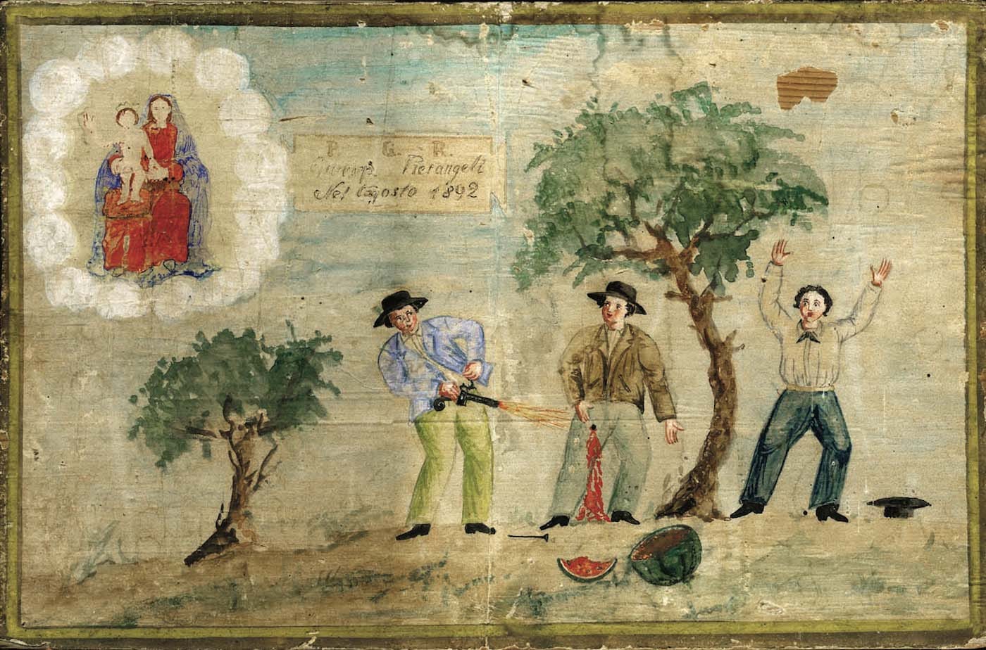 Ex voto on wood for a gun accident in Santa Maria in Portuno, Italy (1892) (via Giuseppe.lepore4/Wikimedia)