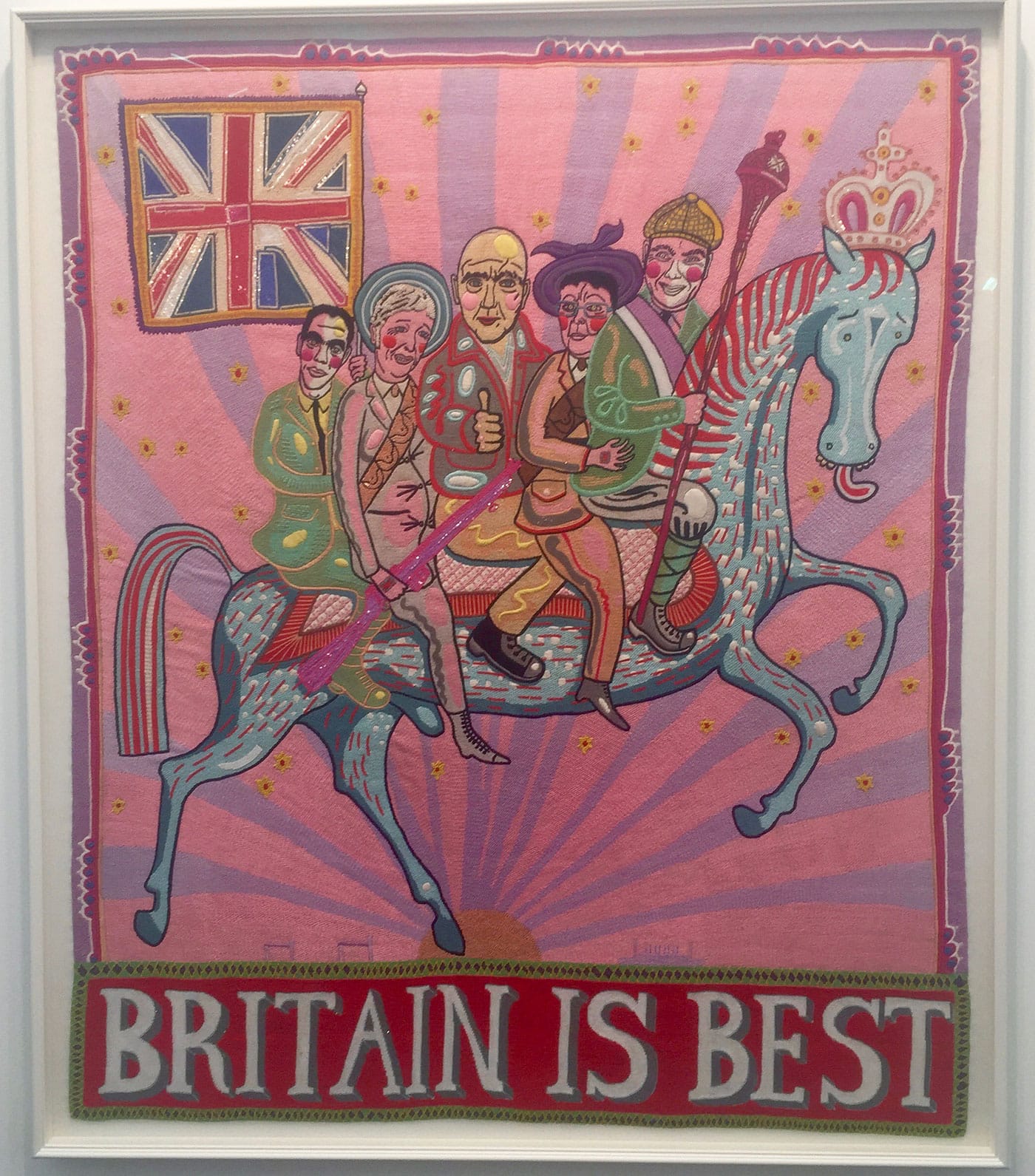 Grayson Perry, "Britain is Best" (2014) hand embroidery (photo by the author for Hyperallergic)