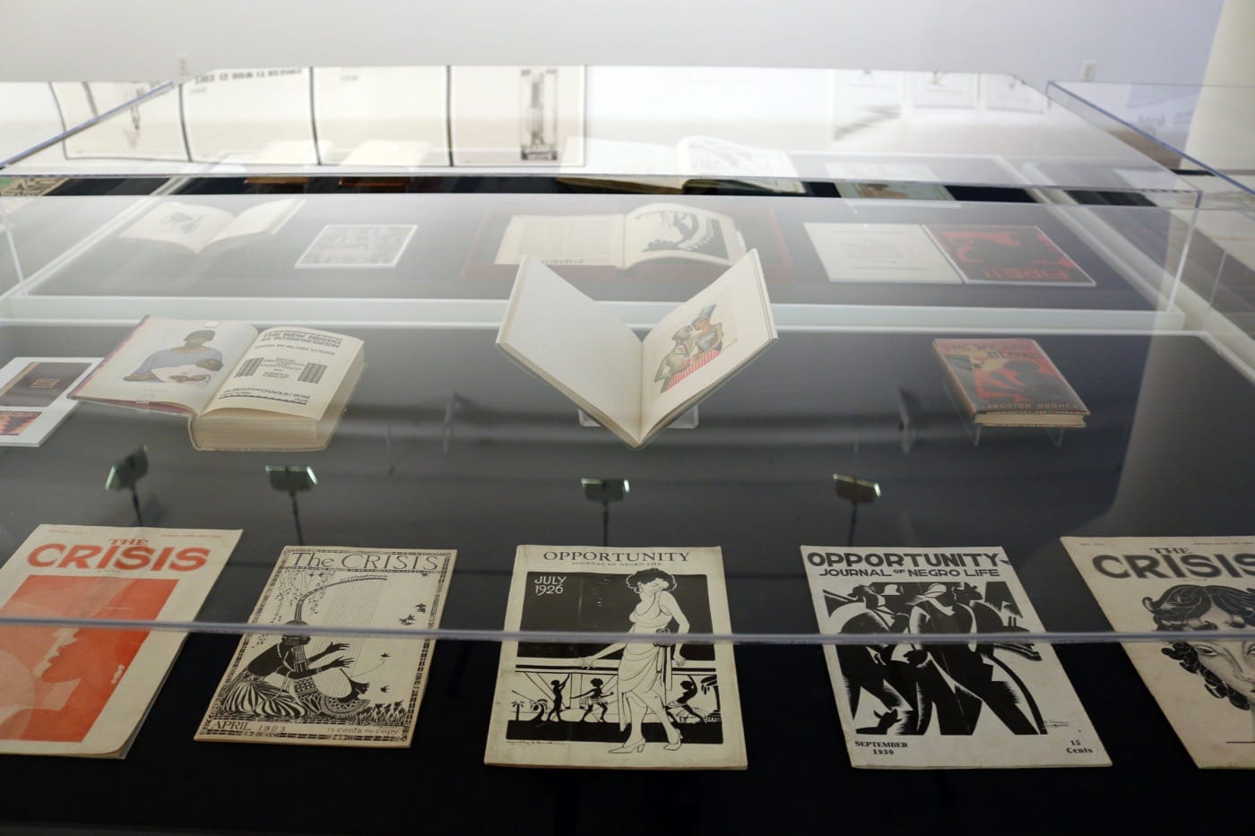 Installation view of the vitrines containing historical documents in Black Pulp