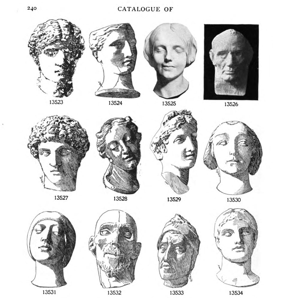 The Inconnue de la Seine in the top row of 'Catalogue of plaster cast reproductions from antique, medieval, and modern sculpture : subjects for art schools' from P.P. Caproni & Brothe (via Hathi Trust Digital Library)