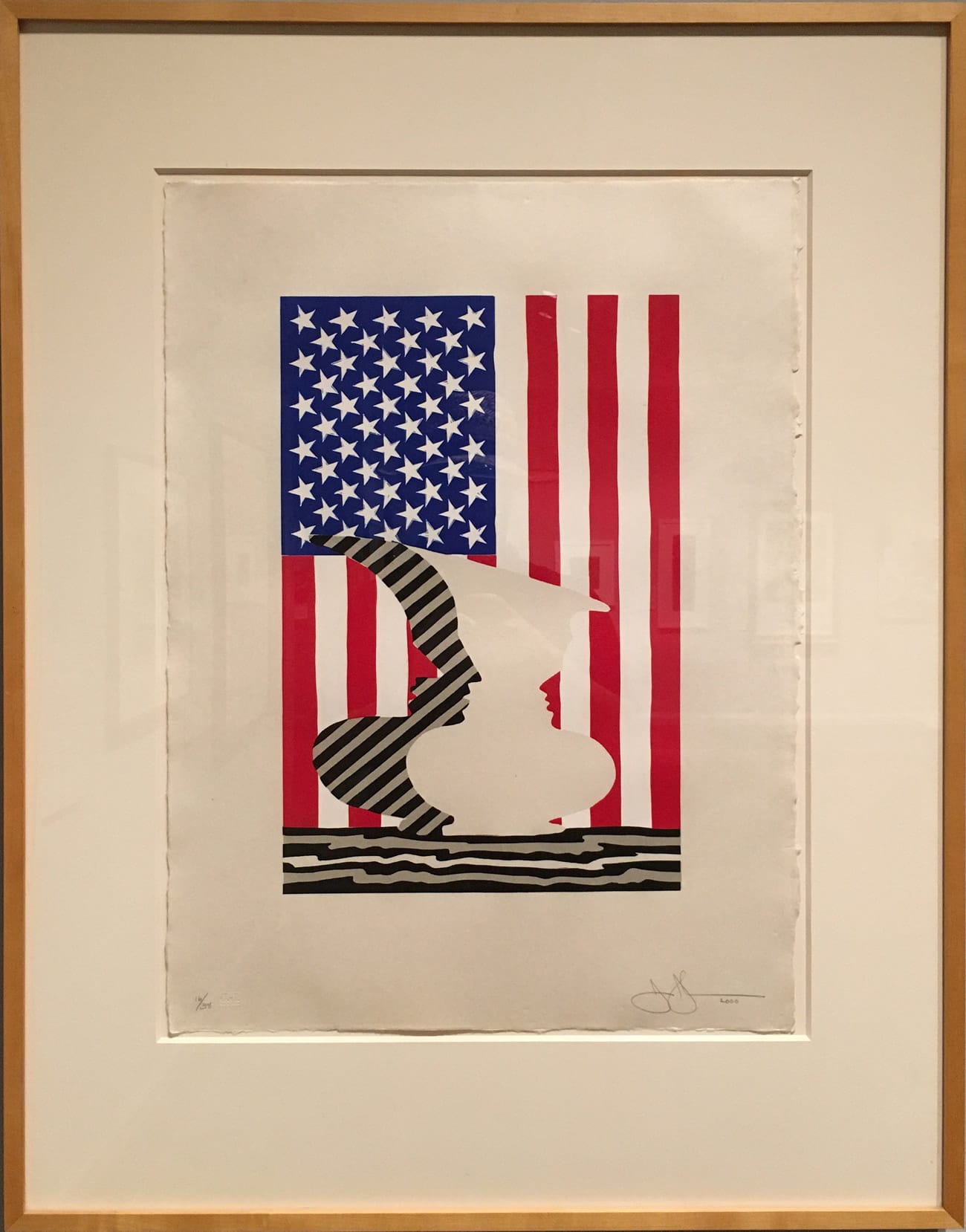 Jasper Johns, “Untitled (Flag and Vase)” (2000), Linoleum cut. Collection of Lynn Kearcher and Carl Chaiet