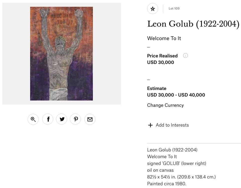 One of the reportedly fake Leon Golub paintings, "Welcome To It" (ca 1980), on the Christie's website (screenshot by the author)