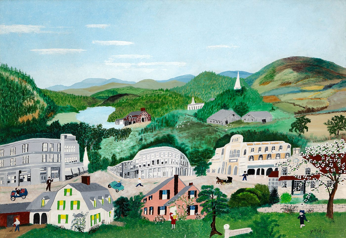 Anna Mary Robertson (“Grandma”) Moses, "Bennington" (1945), oil on pressed wood, 17 3/4 x 26 in (© 2016 Grandma Moses Properties Co, New York; Bennington Museum, 1986.310)