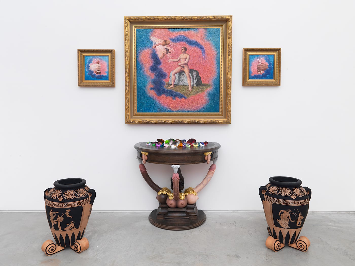 "Hic Habitat Felicitas" / Temple of Onan, 1984 / 2016, Oil on canvas in wooden gold painted frame, hand-carved wooden table painted with oil and gouache, two ceramic urns painted with acrylic gouache, Middle frame: 45 x 44.5 inches, Left frame: 15.75 x 15.75 inches, Right frame: 15.75 x 15.75 inches, Table: 31.25 x 36.25 x 23.25 inches, Right Vase: 22.25 x 17 x 15 inches, Left Vase: 22.26 x 17 x 15 inches