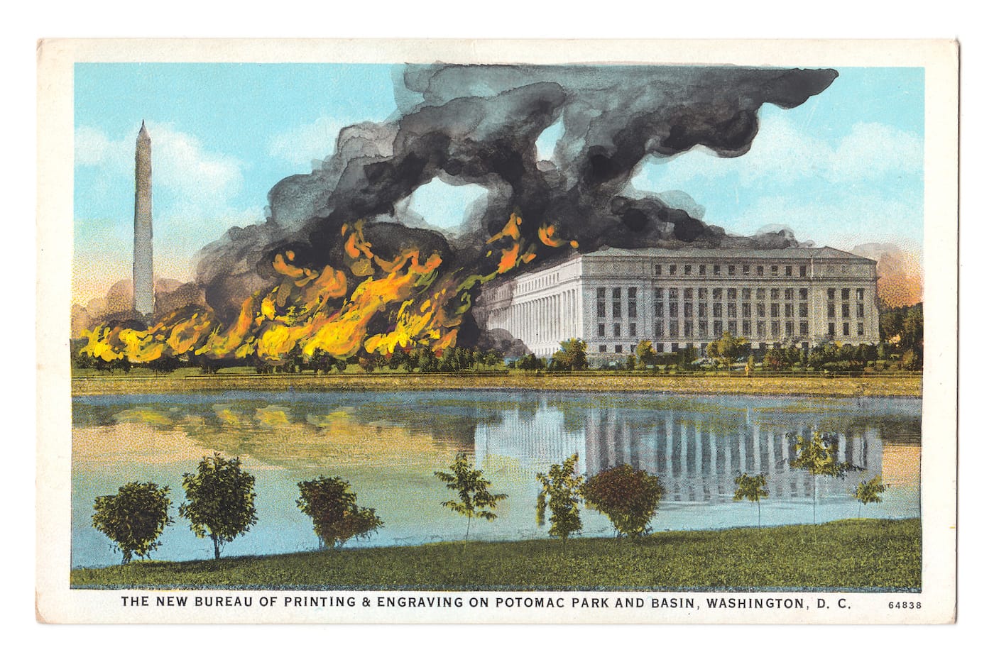 David Opdyke, "Insurrection" (2016), gouache and ink on vintage postcard, 4 x 6 in