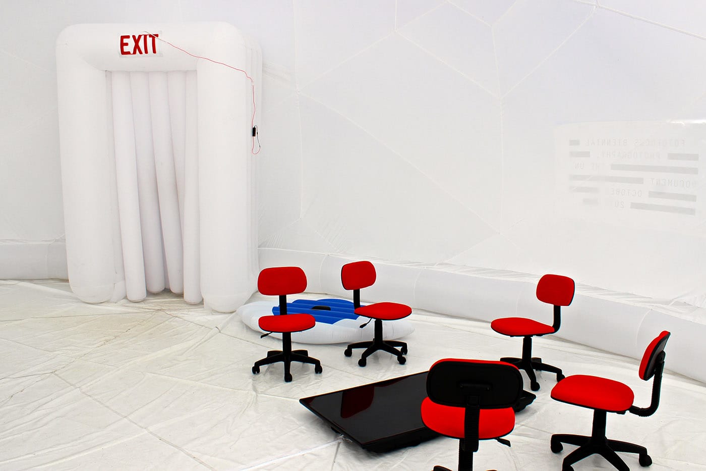 Inside the inflatable exhibition space for The Peeled Eye.