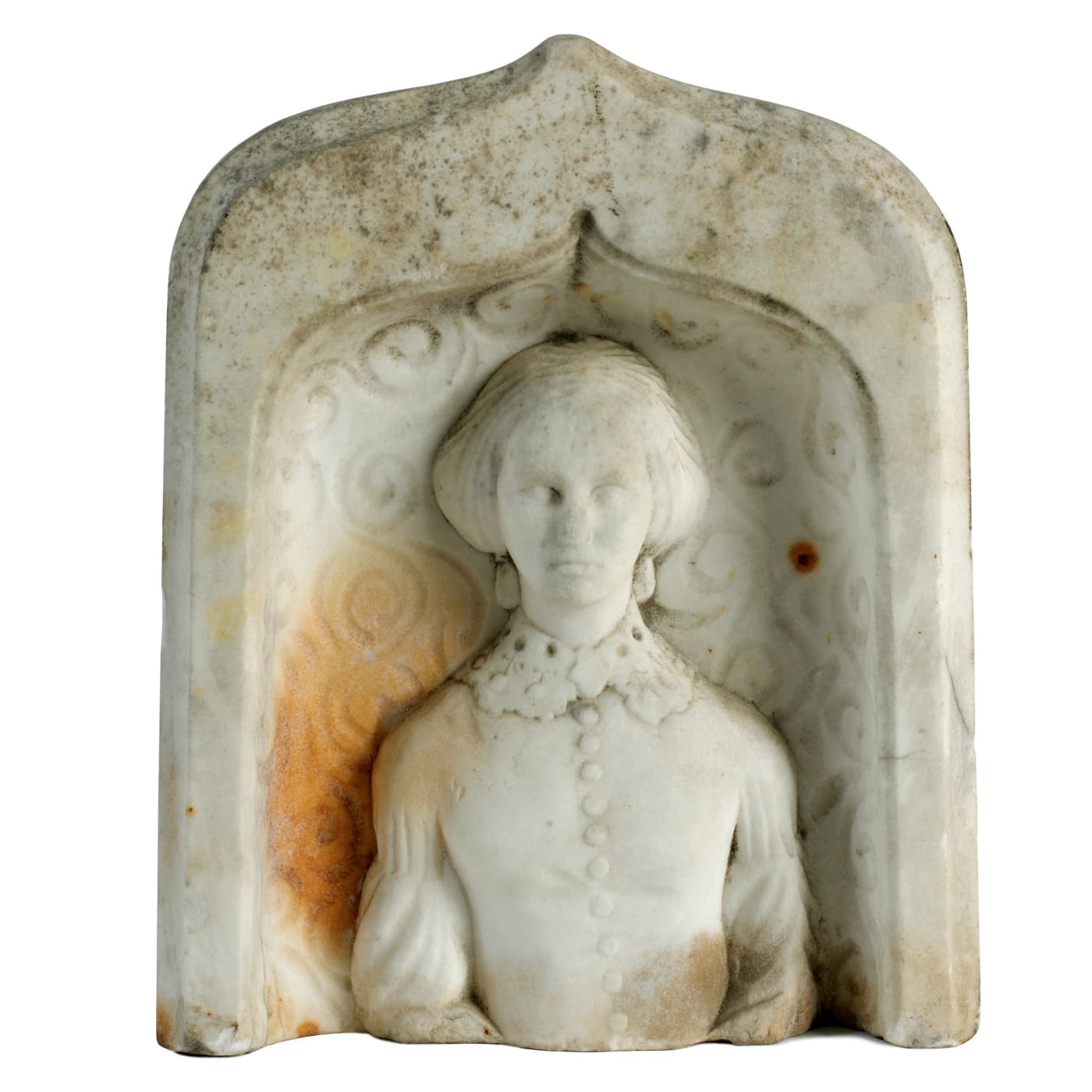 Portrait grave marker by Oscar Blake, Saco Marble Works, Saco, Maine (1860–80), marble, 10 x 8 x 4 inches (courtesy Saco Museum, Maine, photo by Ellen McDermott). The sculpture is on view in 'Securing the Shadow' at the American Folk Art Museum