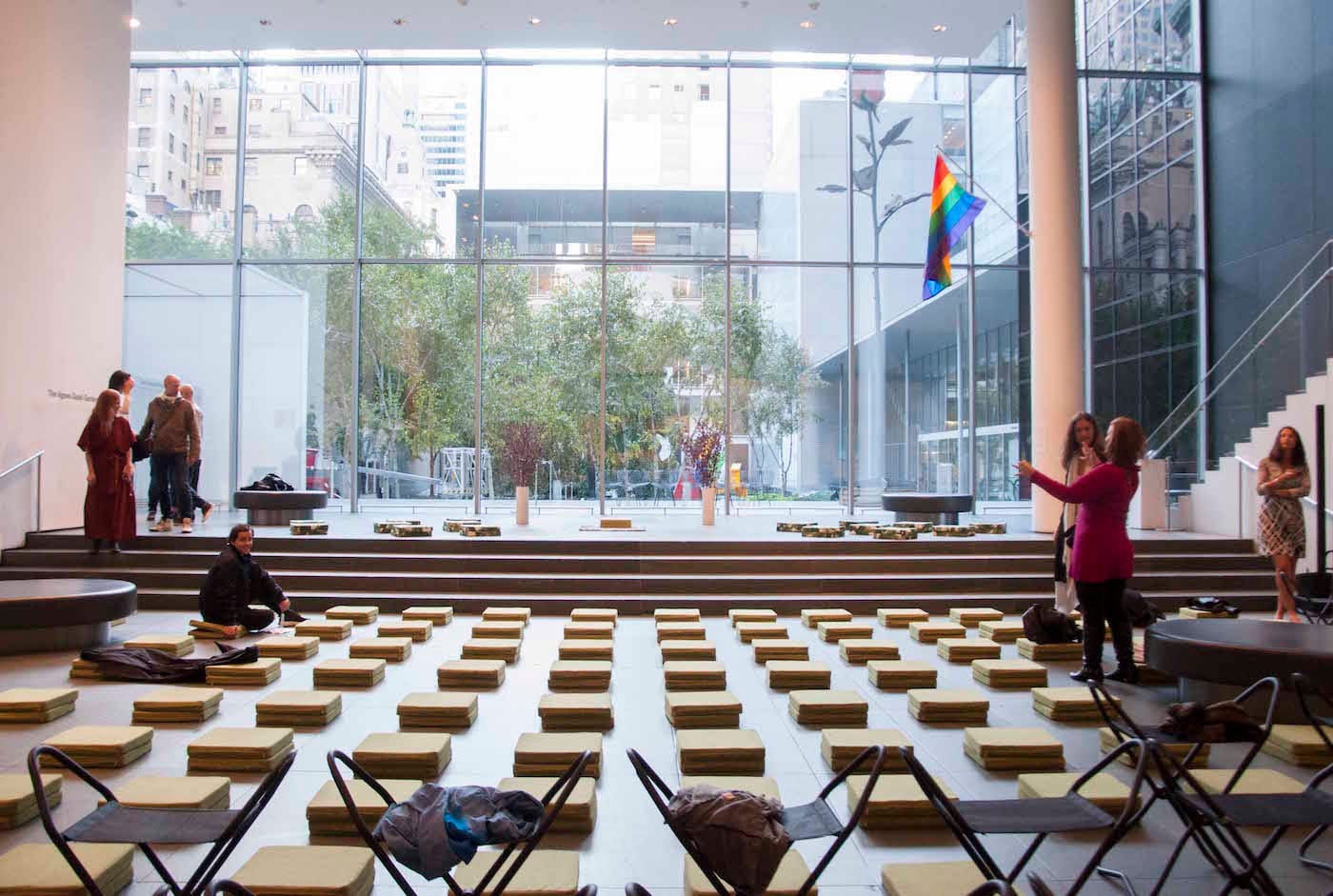 Meditation cushions in the Museum of Modern Art's lobby for Quiet Mornings (all photos by the author for Hyperallergic)
