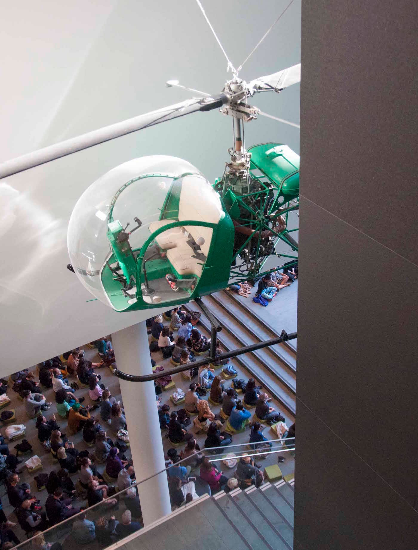 A view from the fourth floor of the meditation assembling below, in the lobby of the Museum of Modern Art
