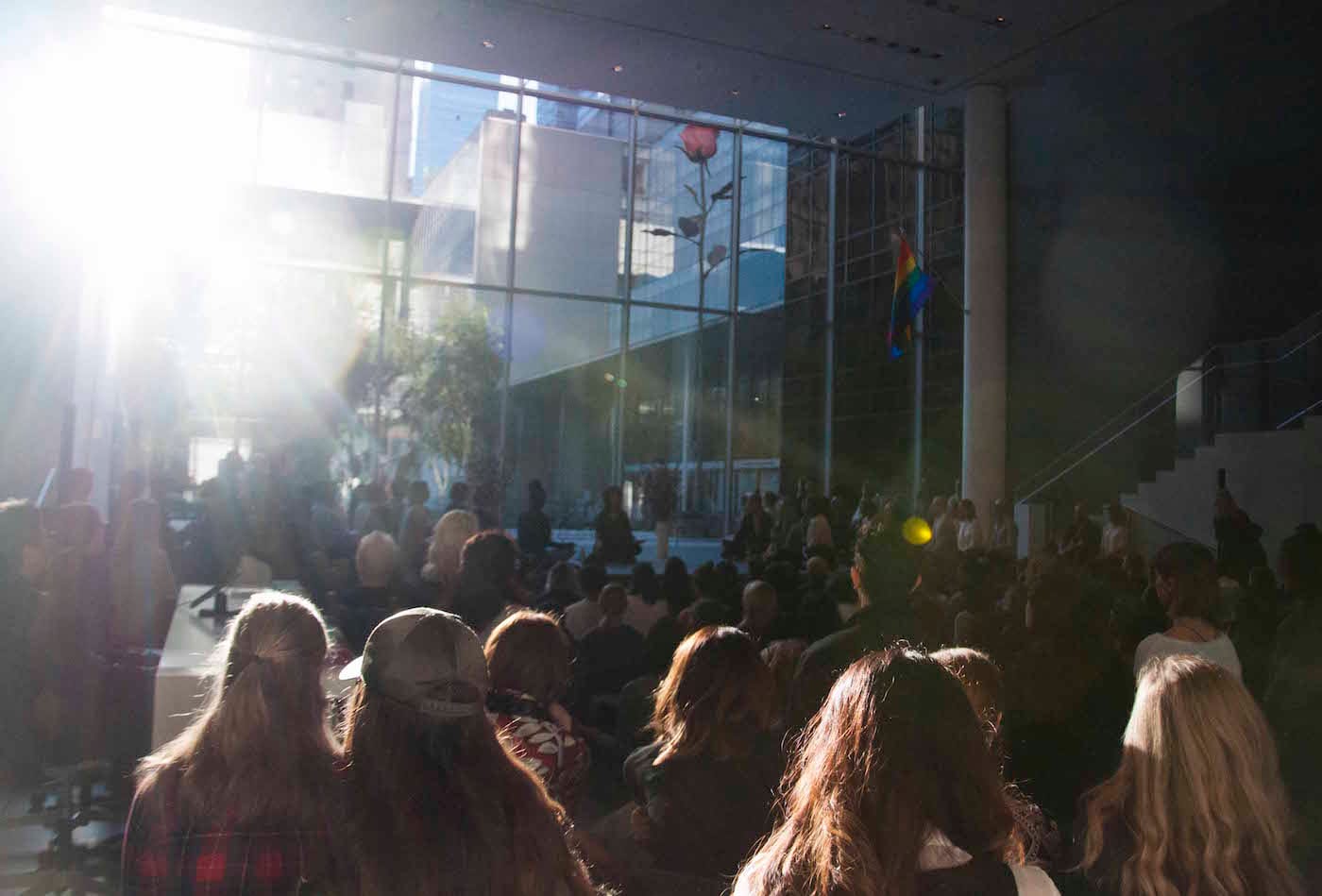 Meditation in progress in the lobby of the Museum of Modern Art