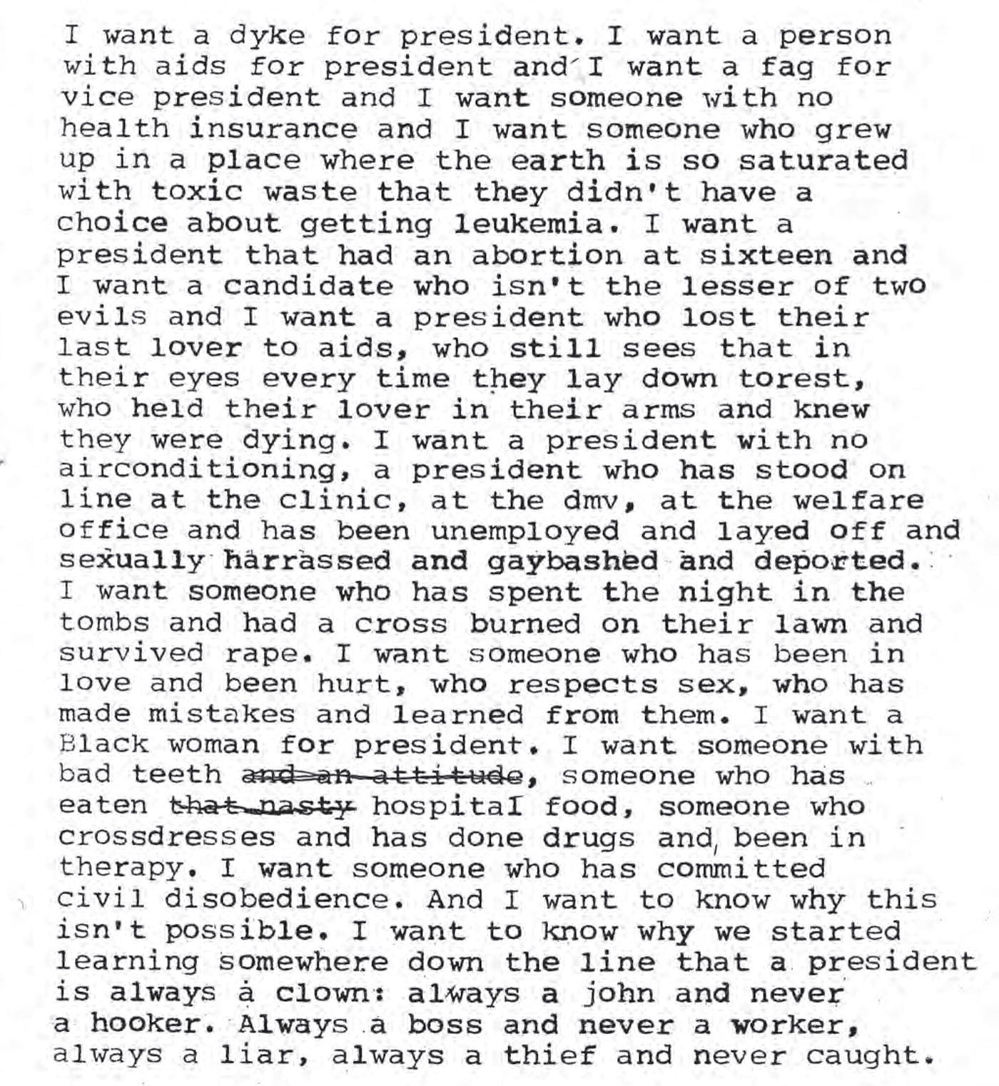 Zoe Leonard, "I want a president..." (1992)
