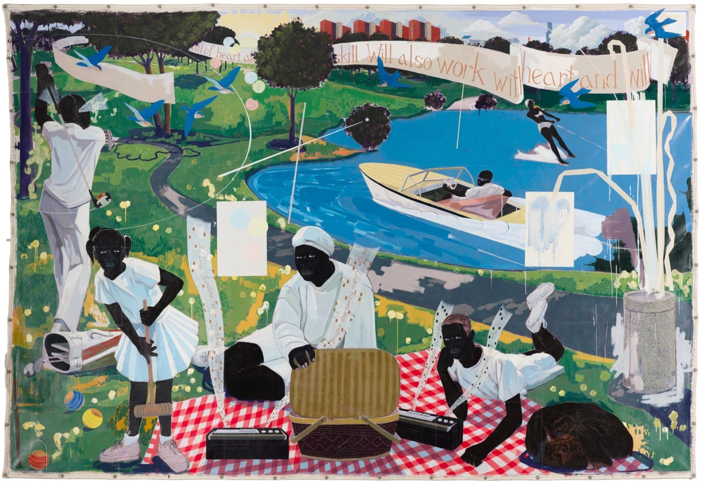 Kerry James Marshall, "Past Times" (1997) Acrylic and collage on canvas 9 ft. 6 in. × 13 ft. (Photo: Nathan Keay, © MCA Chicago)