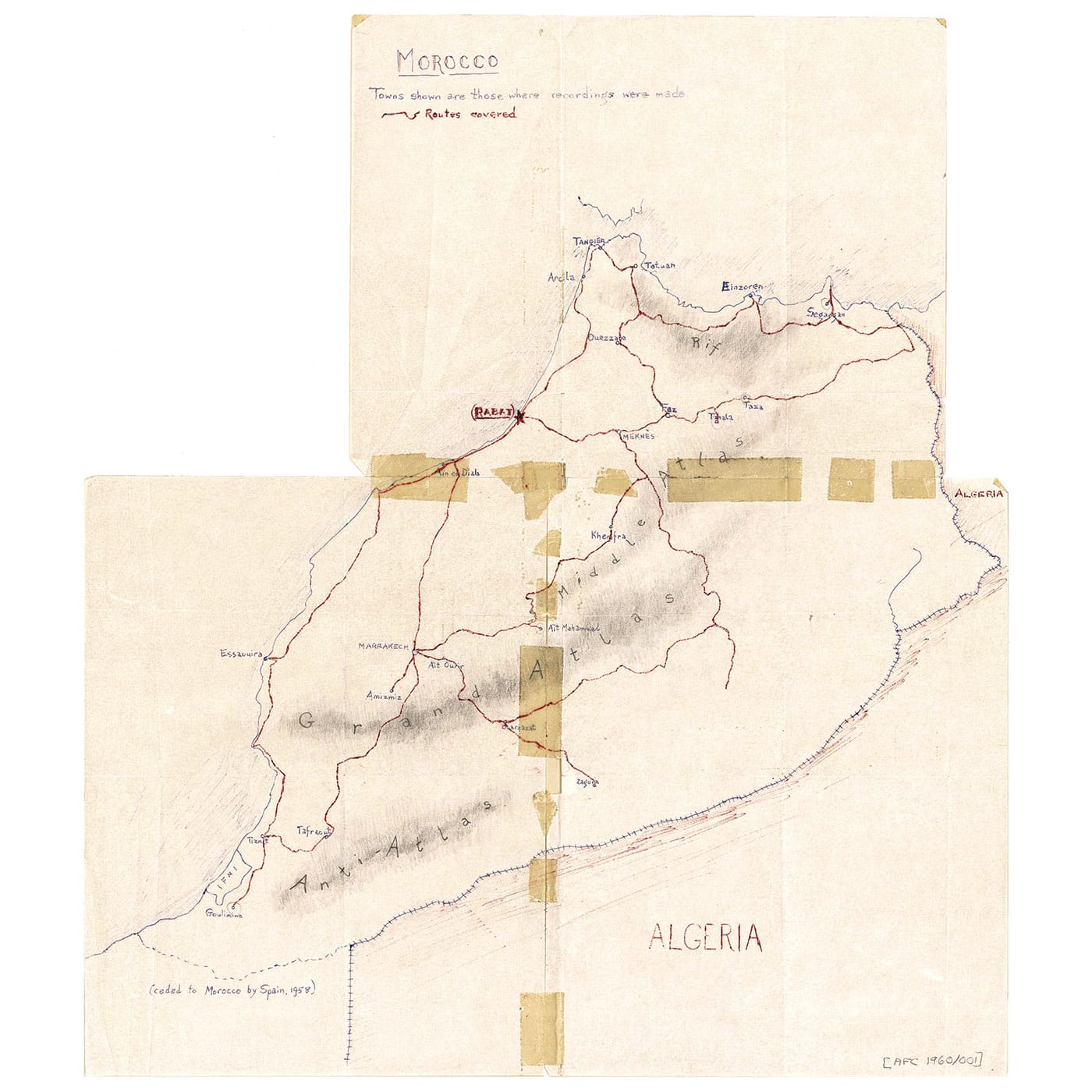 Hand-drawn map by Paul Bowles, showing his itinerary through Morocco in 1959, aboard a VW Beetle, filled with recording equipment, supplies, and recording team (image courtesy Dust-to-Digital / Library of Congress)