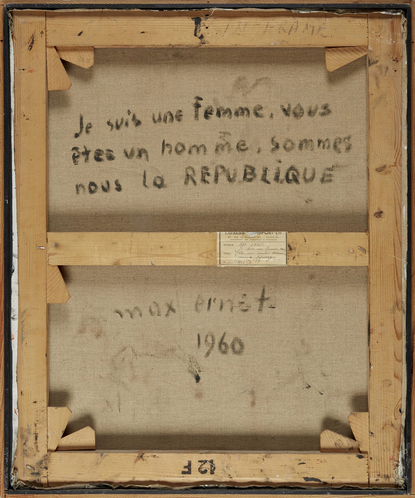 The back of MAX ERNST "Je suis une femme, vous êtes un homme, sommes nous la république" (1960)
