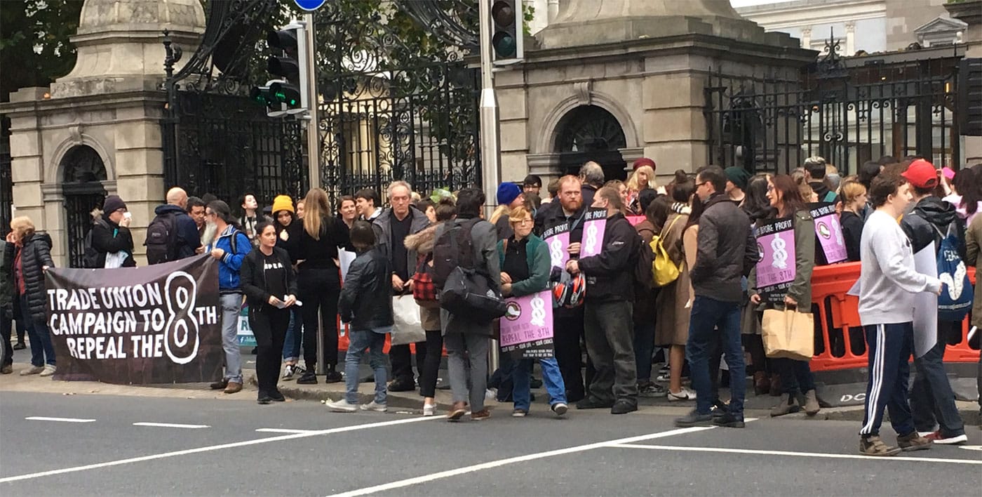Protesters gather for a rally to repeal the eighth, many of them sporting “REPEAL” jumpers. (photo by the author for Hyperallergic)