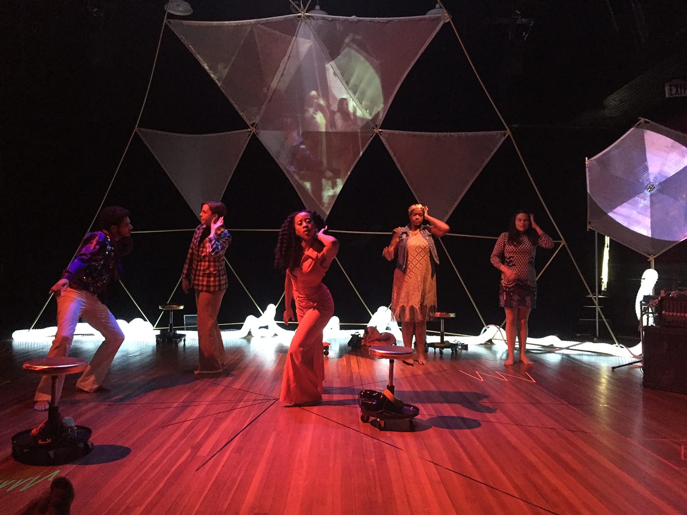 A Host of People ensemble performs "Re-Release Party (The Golden Record)." All images are are taken by John del Gaudio at a preview residency at NACL Theatre in Highland Lake, NY, and courtesy of A Host of People.