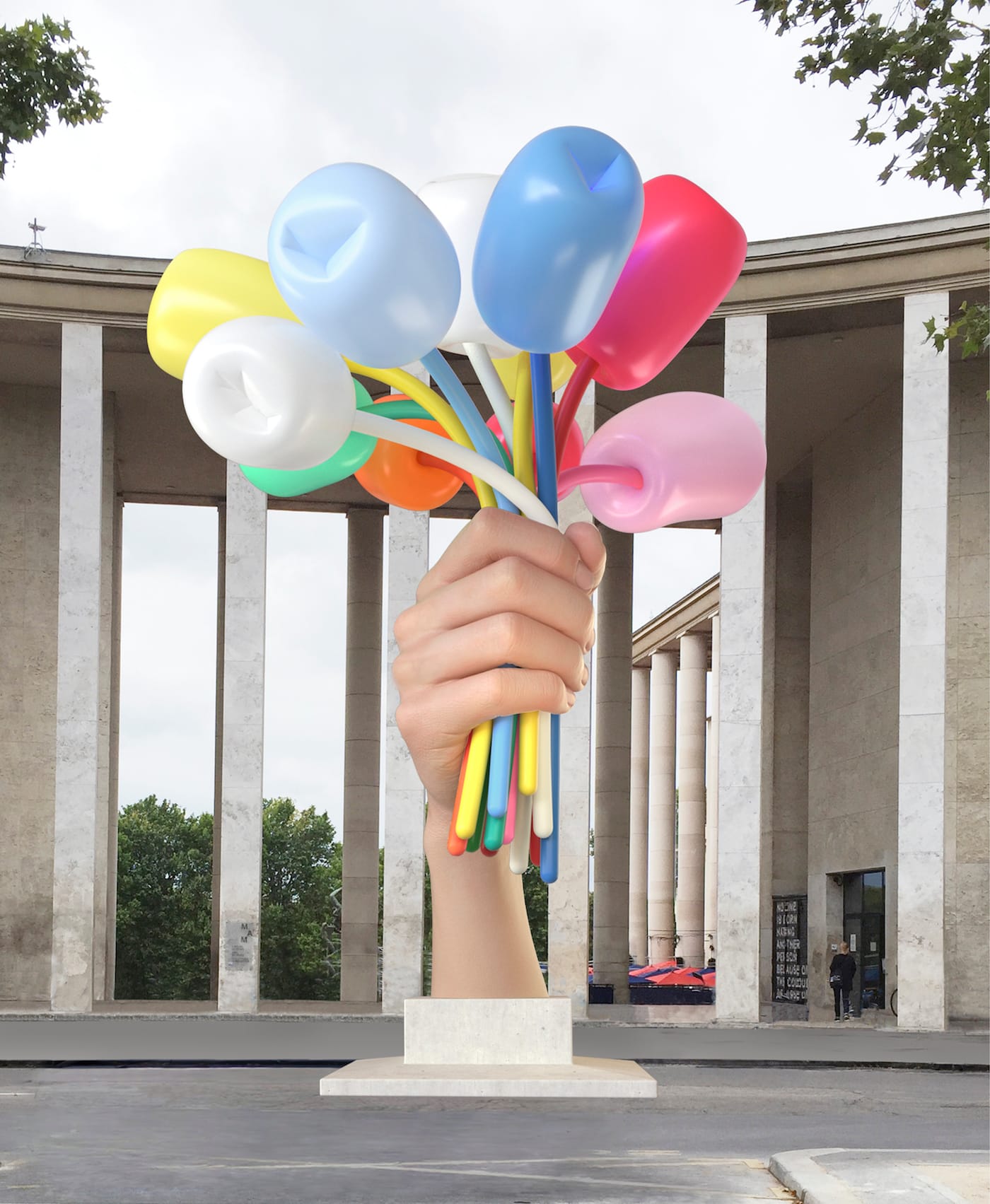 Jeff Koons, "Bouquet of Tulips" (2016), polychromed bronze, stainless steel, and aluminum; sculpture dimensions: 34 ft 1 1/2 in, (38 ft 3 in with base); width: 27 ft 3/4 in; depth: 33 ft 4 3/8 in (image © Jeff Koons, courtesy Noirmontartproduction, 3D rendering of the work in situ)