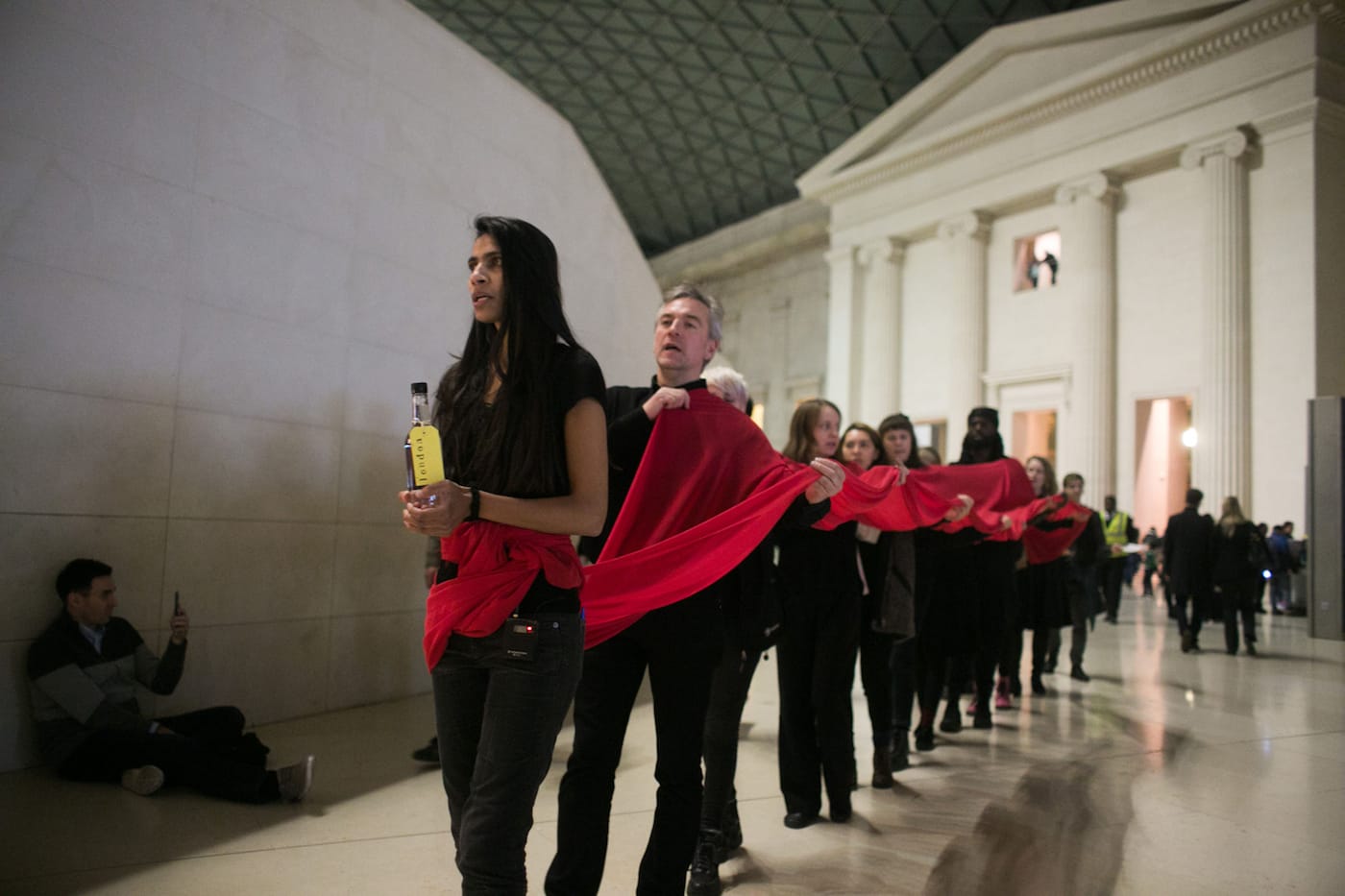 The artist activist group Bp-or-not-Bp stage a ceremonial performance at the British Museum 26th of November 2016 in Lonon, the United Kingdom. The performance which ran over several hours highlighted the impact of climate change across the world both present and in the future. The intervention was in protest against the continued sponsorship of the museum by the oil company BP.