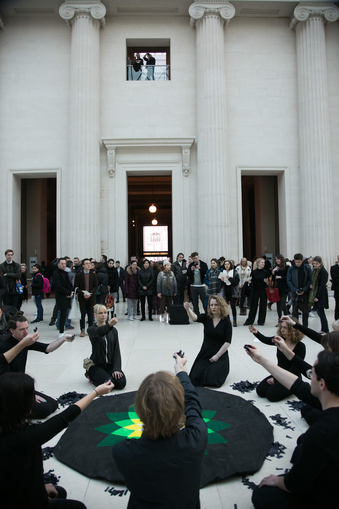 The artist activist group Bp-or-not-Bp stage a ceremonial performance at the British Museum 26th of November 2016 in Lonon, the United Kingdom. The performance which ran over several hours highlighted the impact of climate change across the world both present and in the future. The intervention was in protest against the continued sponsorship of the museum by the oil company BP.