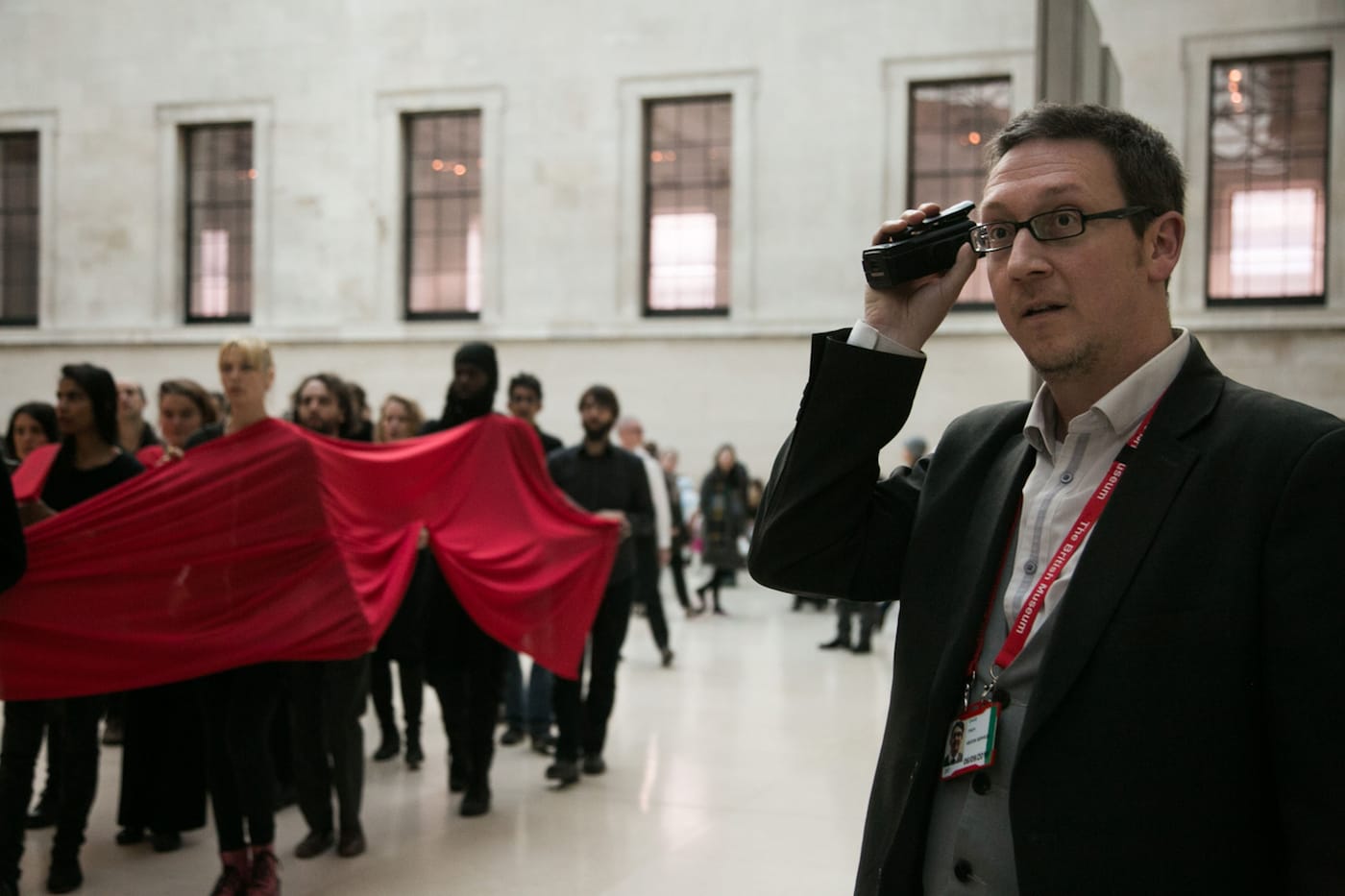 The artist activist group Bp-or-not-Bp stage a ceremonial performance at the British Museum 26th of November 2016 in Lonon, the United Kingdom. The performance which ran over several hours highlighted the impact of climate change across the world both present and in the future. The intervention was in protest against the continued sponsorship of the museum by the oil company BP.