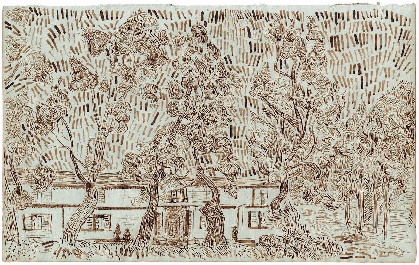 "Pine Trees in the Asylum Garden at Saint-Rémy II" (October 1889), one of 65 drawings attributed to Vincent van Gogh and published in the forthcoming title, Vincent van Gogh: The Lost Arles Sketchbook 