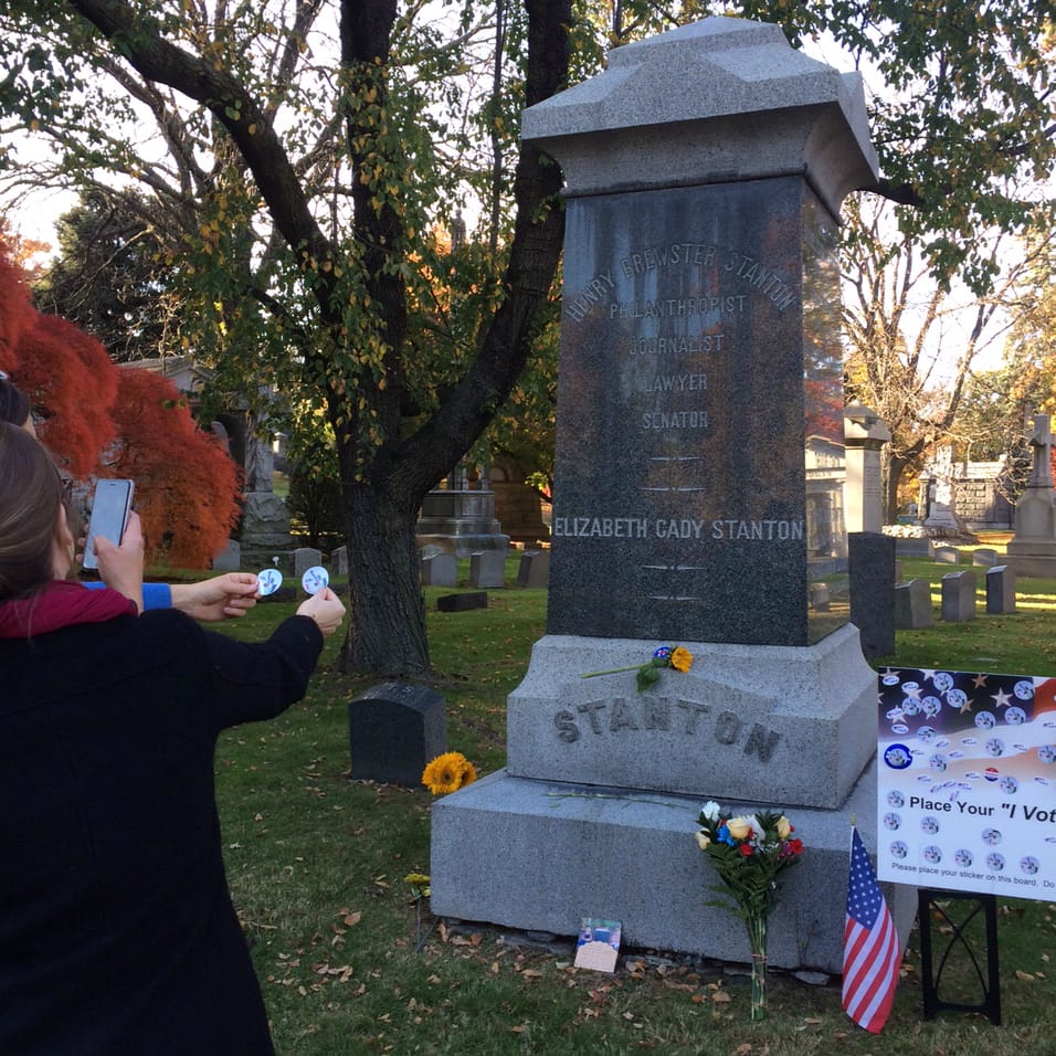 Visitors today to the grave of Elizabeth Cady Stanton in Woodlawn Cemetery, The Bronx (photo by Anastasija Ocheretina)