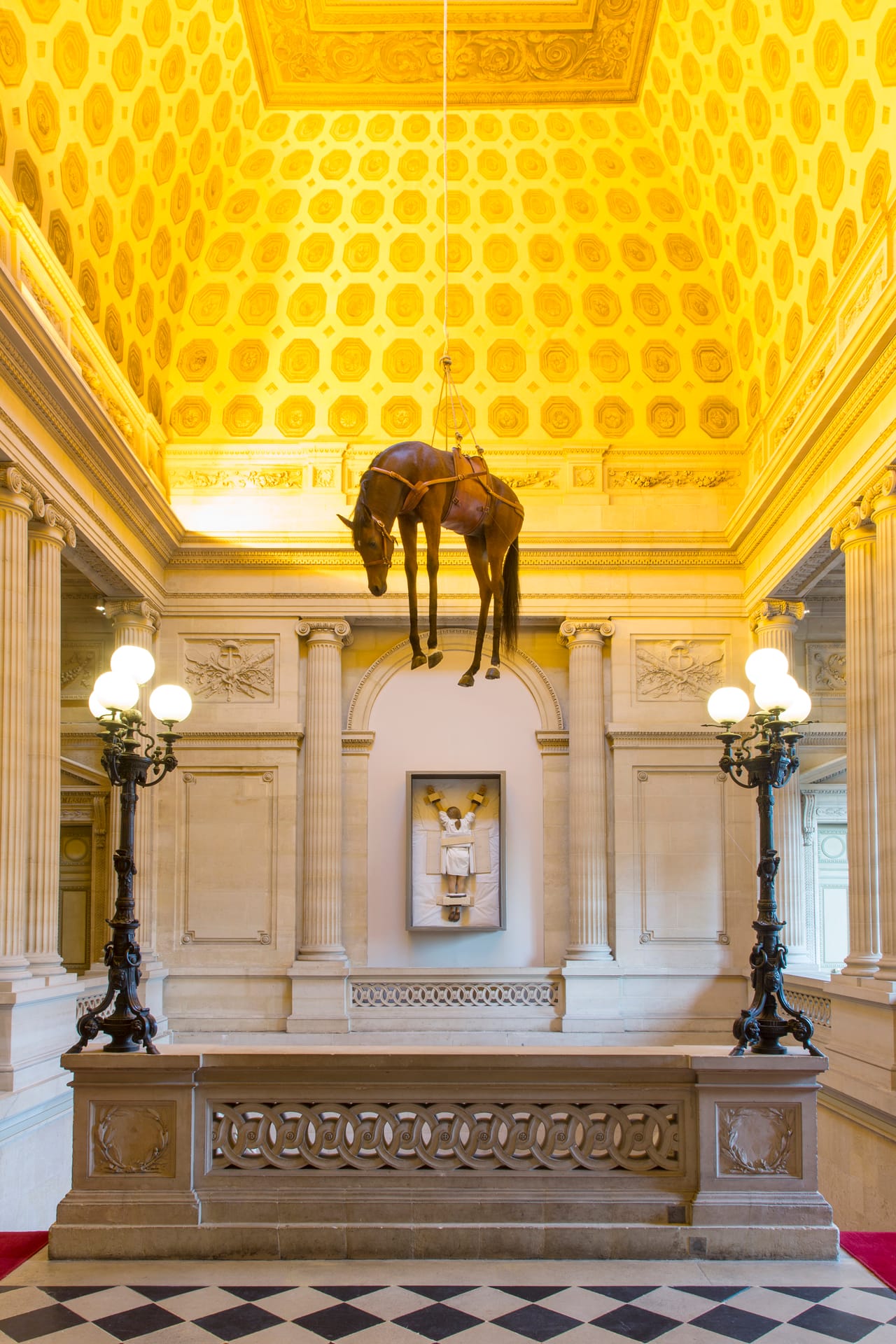 Maurizio Cattelan, "Novecento" (1997), taxidermy horse, leather saddle, rope, pulley (photo by Zeno Zotti)