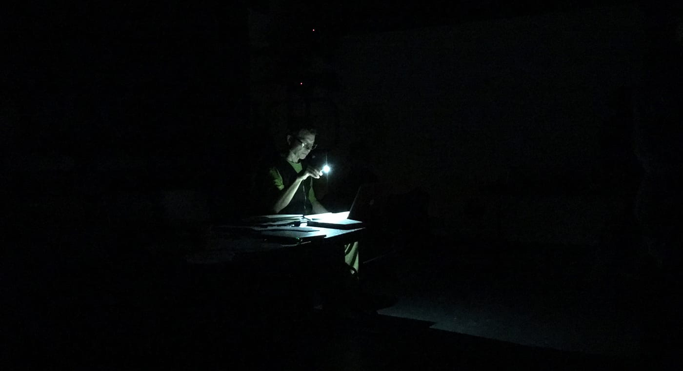 Robert Kocik stands in for a cast member during a rehearsal of BROOKLYN REZOUND at BRIC, November 2016. (all photos by author for Hyperallergic)