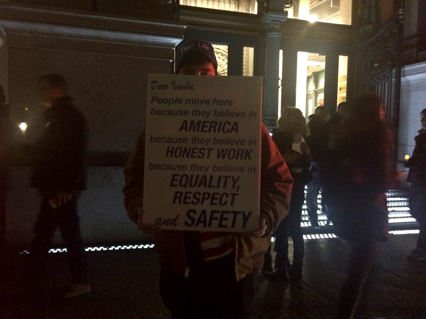 Artist Borna Sammack at the #DearIvanka vigil outside the Puck Building