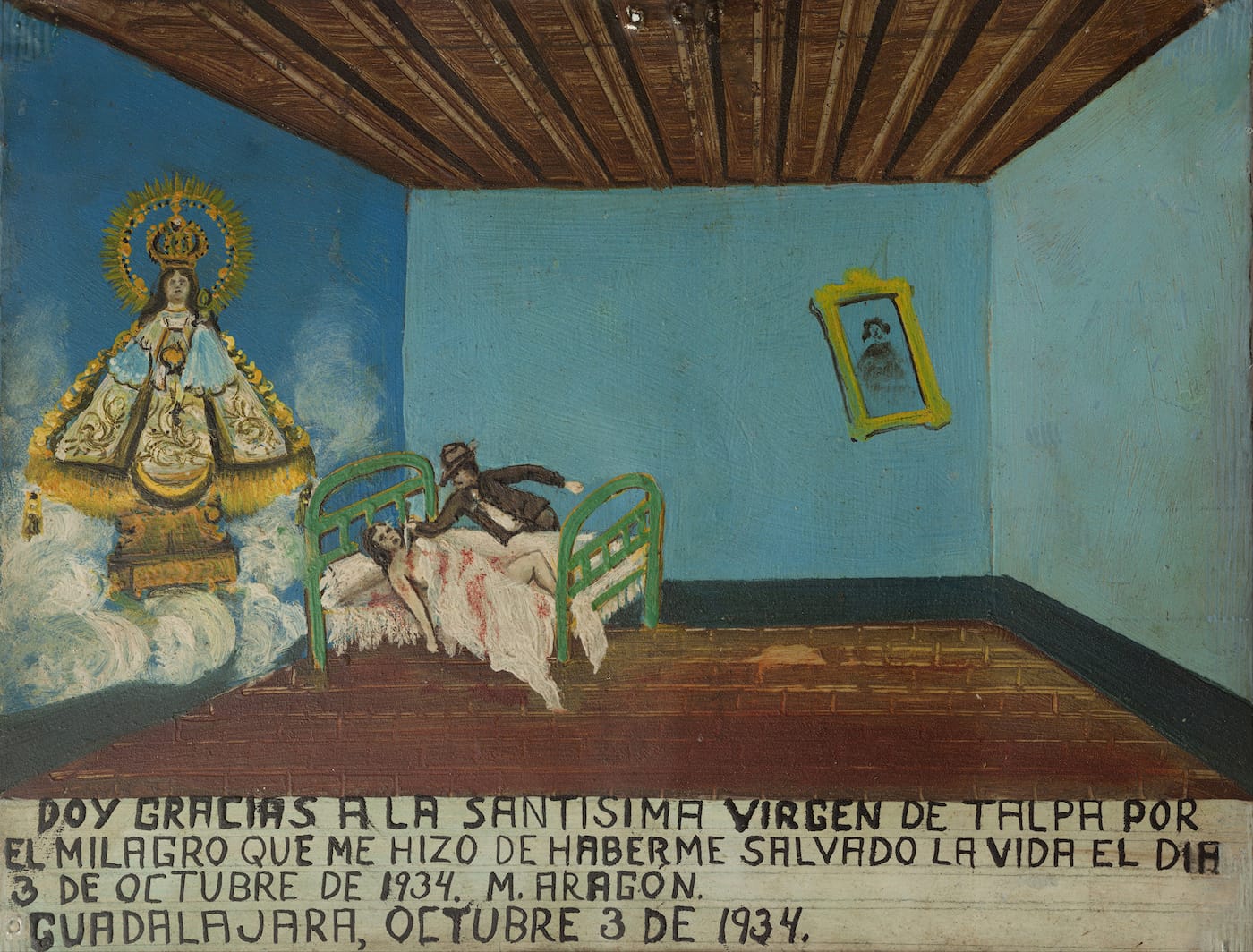 Ex voto to the Virgin of Talpa that appears to show a person being stabbed, in thanks for survival (1934). It's believed that Frida Kahlo was inspired by it for her work "A Few Small Nips" (via Museo Frida Kahlo/Wikimedia)