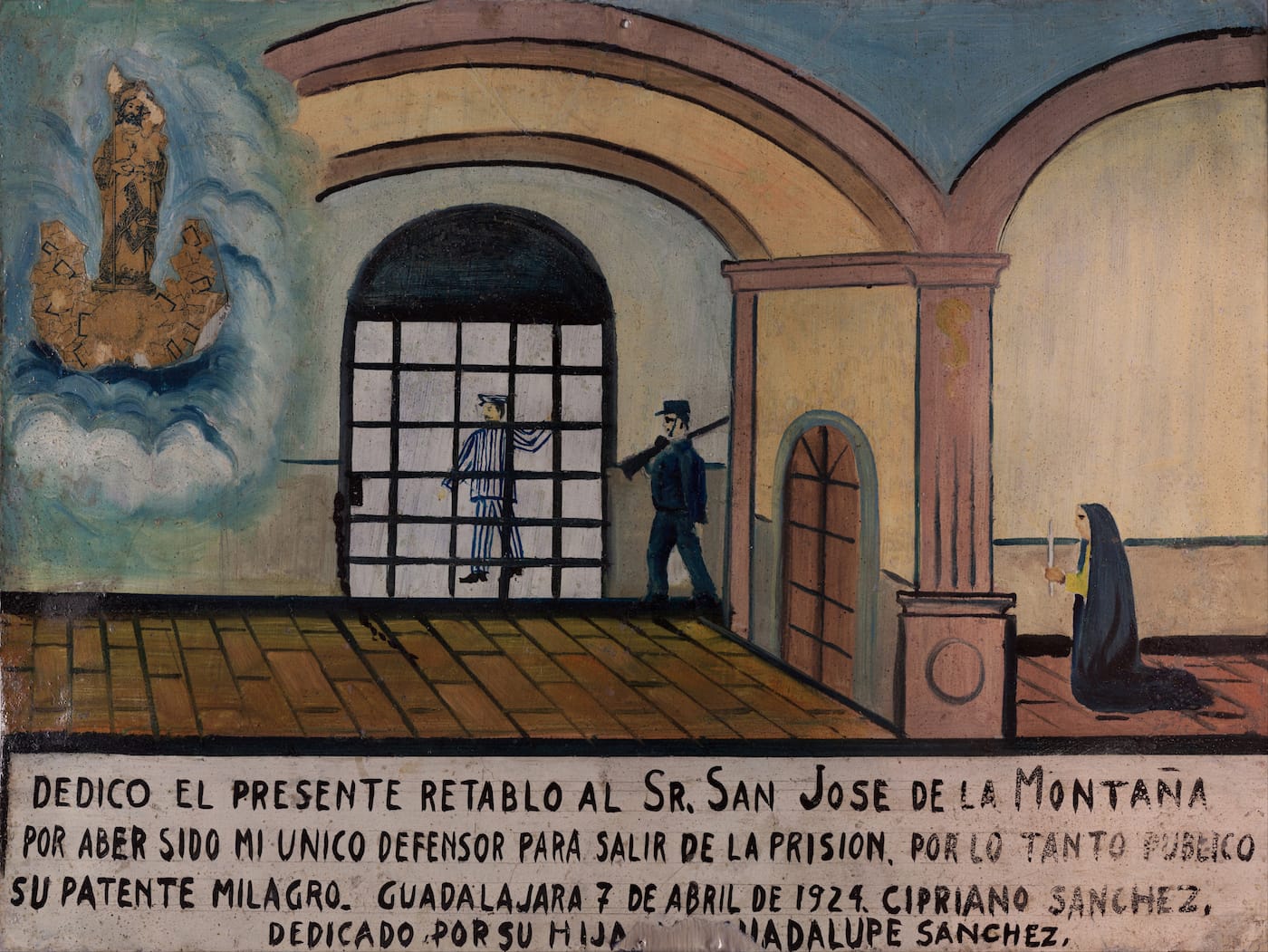 Ex voto oil on copper foil painting to Lord Saint Joseph from a man who was imprisoned (1924) (via Museo Frida Kahol/Wikimedia)