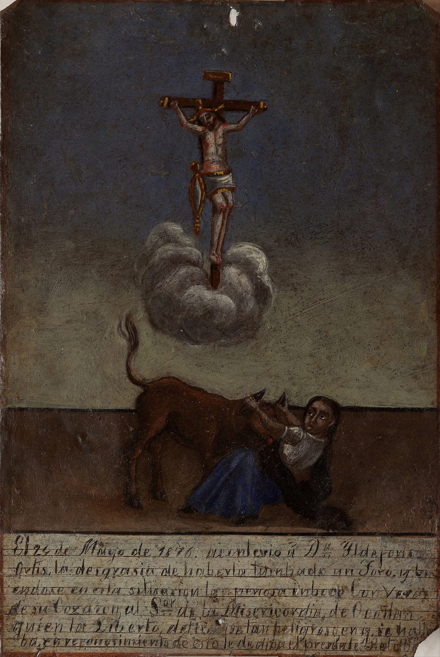 Mexican ex voto oil on copper foil painting dedicated to the Lord of Mercy from a woman injured by an animal (1876) (via Museo Frida Kahlo/Wikimedia)