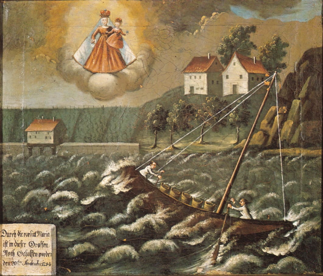 Ex voto oil on canvas painting from 1794 of a ship in distress (via Städtisches Museum Überlingen/Wikimedia)