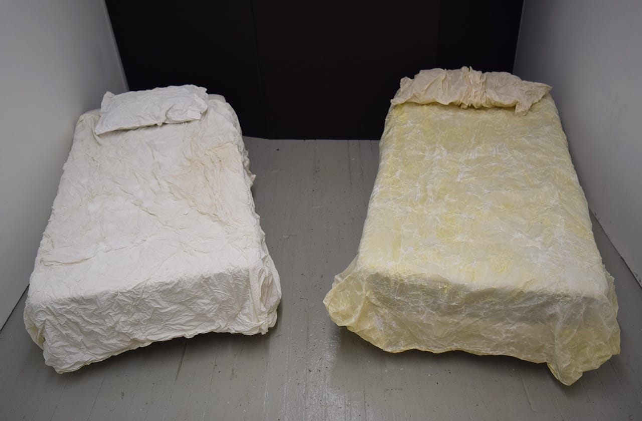 Part of Ayden LeRoux's <em>(Untitled), four beds</em> series on view last year during Gowanus Open Studios (photo by Benjamin Sutton for Hyperallergic)